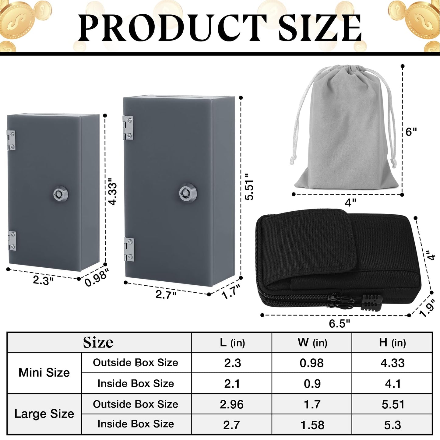 Acrylic Cash Box for Gambler 2 Pack Large and Small, Grey Winners Bank with Keys, Slot, Storage Bag, Waist Bag, Portable Casino Money Organizer Safe Lock Box for Gamblers, Christmas Gift for Men