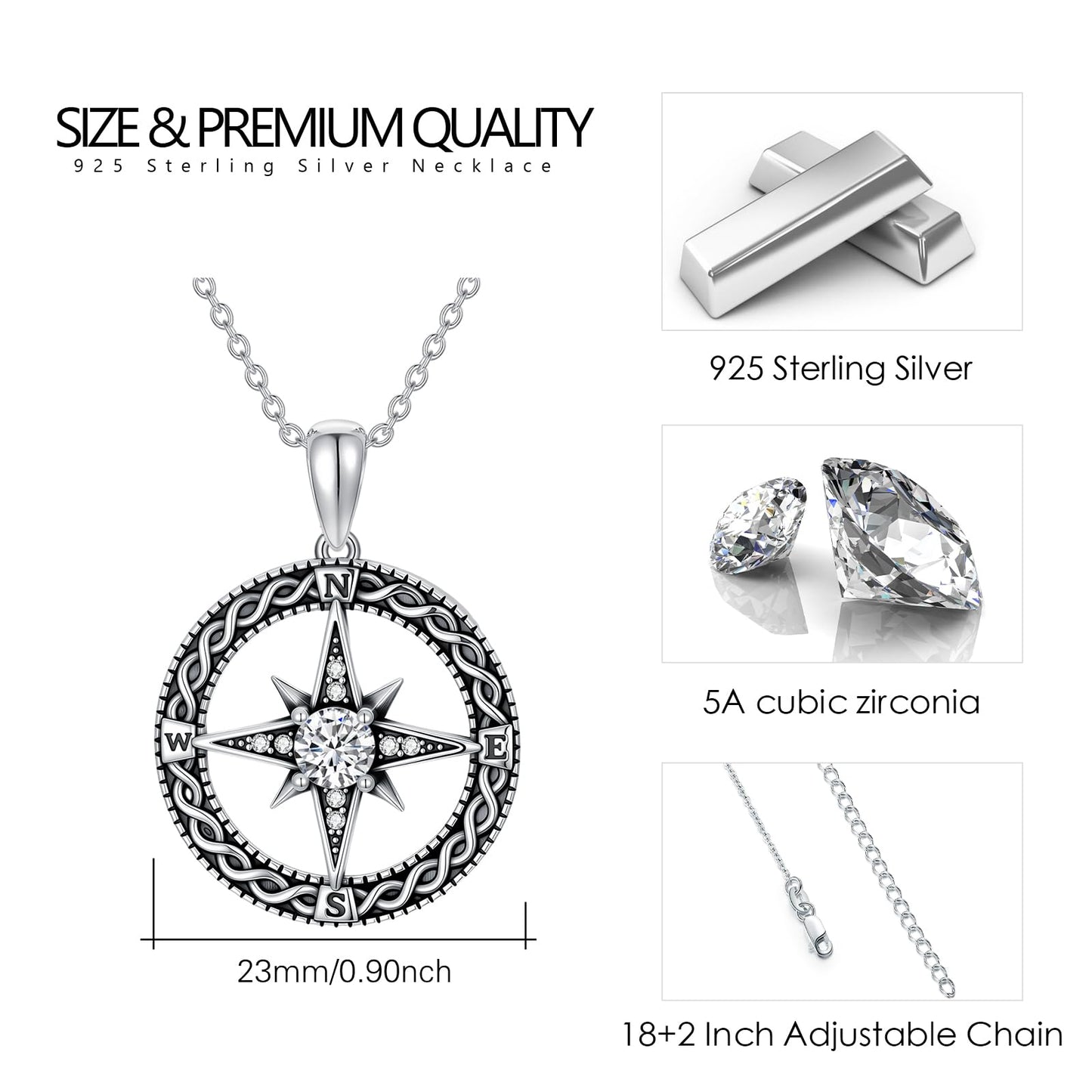 Silikepa Compass Necklace for Women 925 Sterling Silver Compass North Star Pendant Necklace with Zircon Graduation Season Jewelry Gift for Women