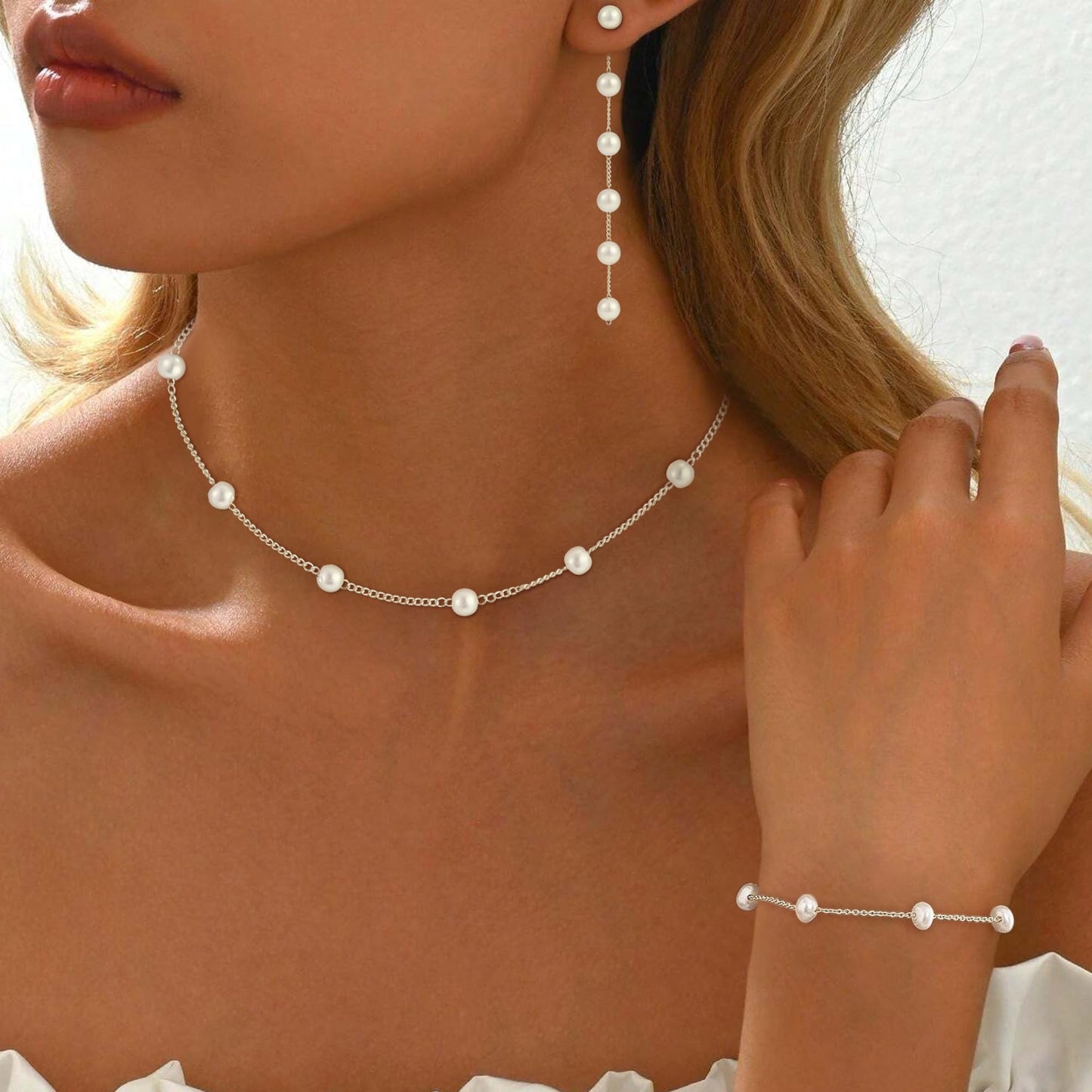 Fezodo Silver Jewelry Set for Women, Silver Pearl Necklace and Earring Set With Pearl Earrings Bracelet Wedding Jewelry Sets for Bride, Bridal Prom Pearls Jewelry