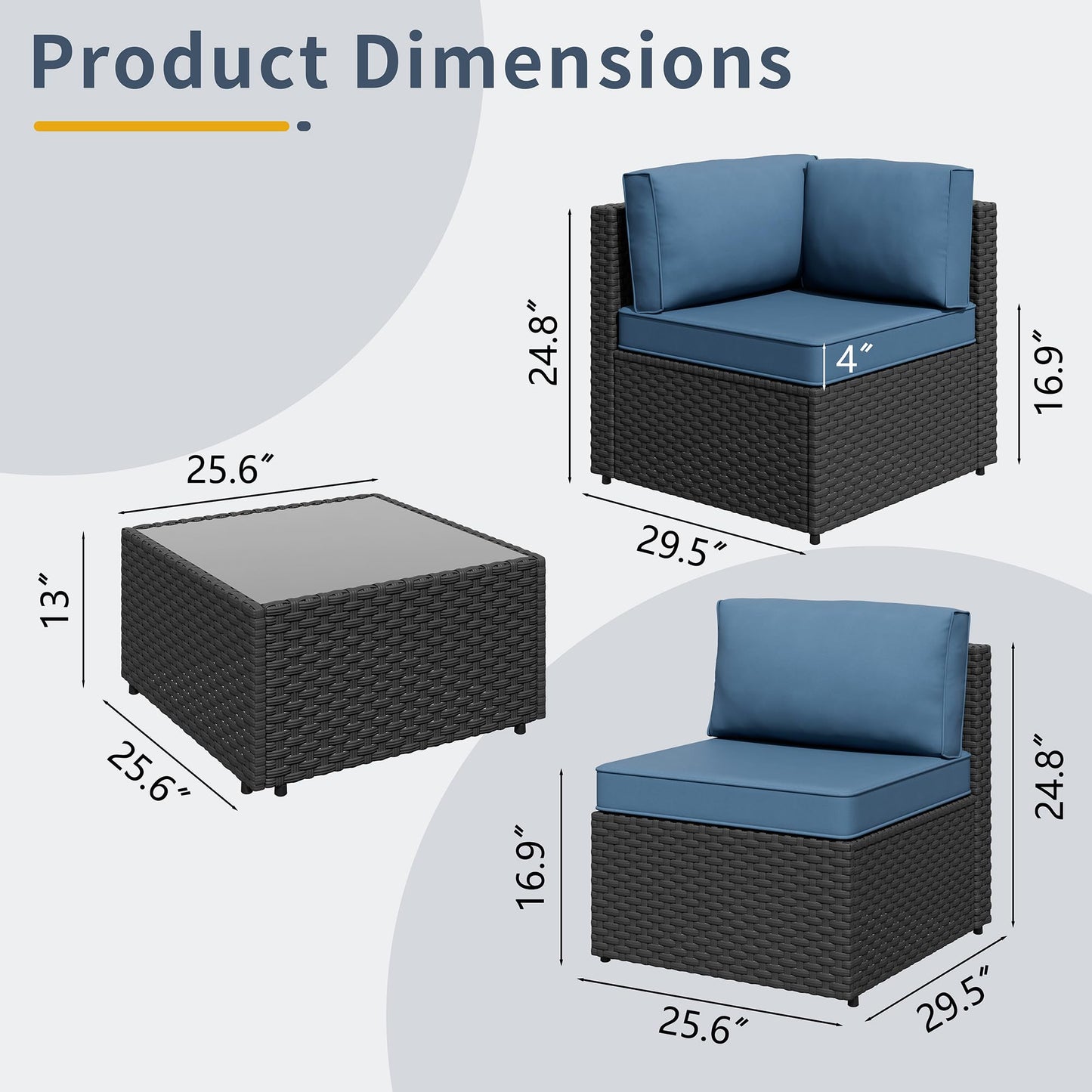 SUNLEI 5 Piece Outdoor Patio Furniture Set with Fire Pit Table, Black PE Rattan Wicker Conversation Sofa Set with Blue Cushions, All Weather Sectional Patio Couch for Backyard, Deck, Garden, Porch