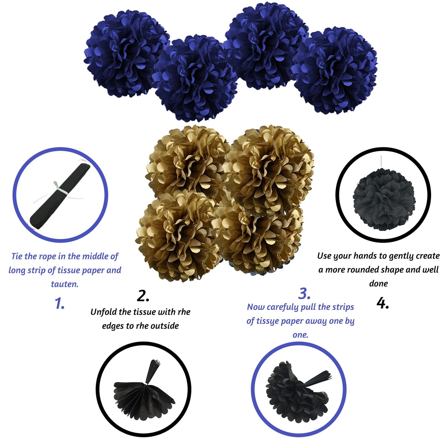 ZERODECO Birthday Decorations - Navy Blue Gold Party Decorations with Banner, Pompoms, Balloons for Boys, Girls, Men, Women