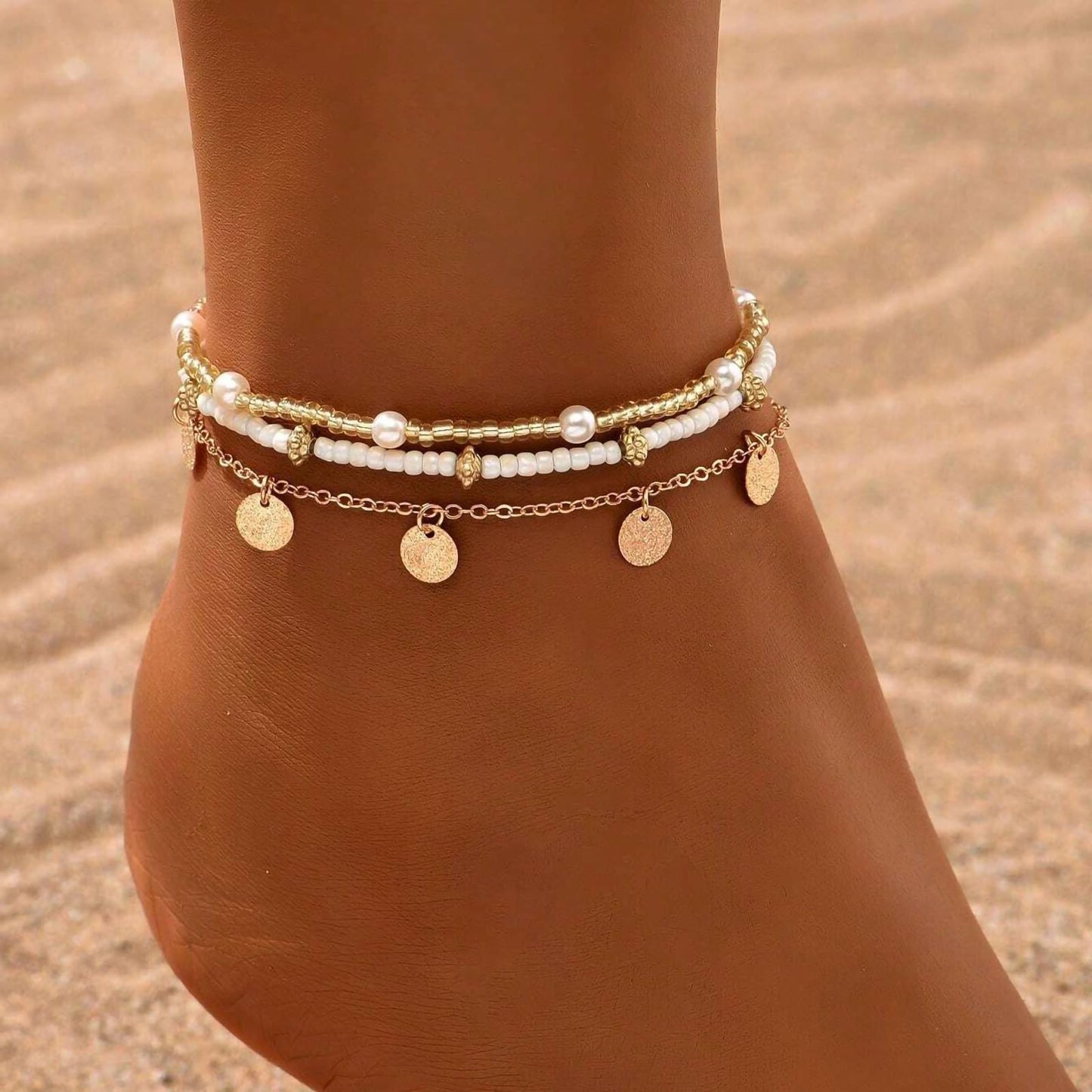 Qceasiy Shell Ankle Bracelet Set for Women, Gold Plated Boho Bead Adjustable Anklet, Hawaiian Beach Seashell Pearl Heart Starfish Conch Foot Jewelry Gifts (Disc 3Pcs)