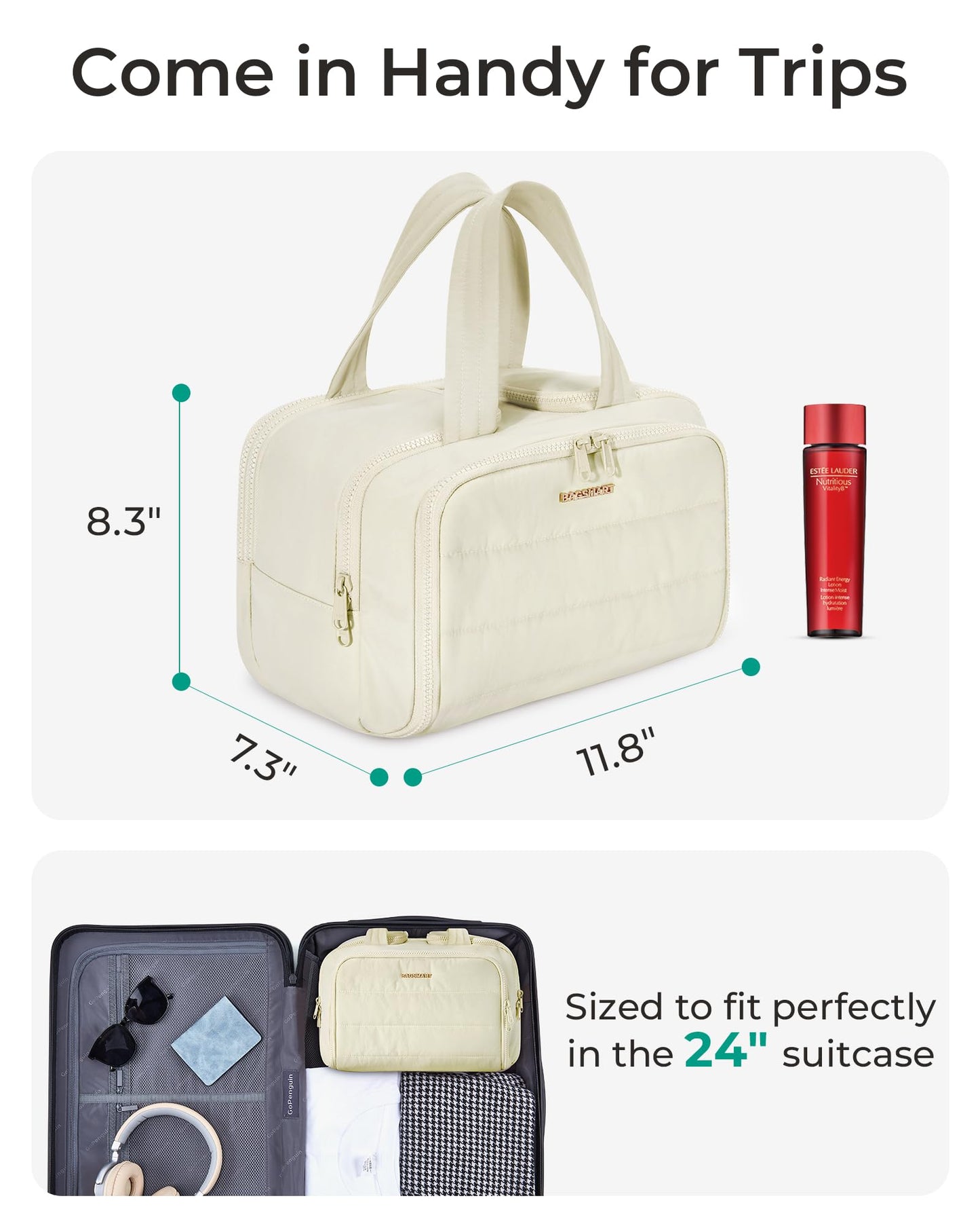 BAGSMART Travel Toiletry Bag, Crush Toiletry Bag for Women, Wide-open Puffy Toiletry Bags for Traveling, Large Travel Cosmetic Makeup Bag Organizer for Accessories,Toiletrie, Beige