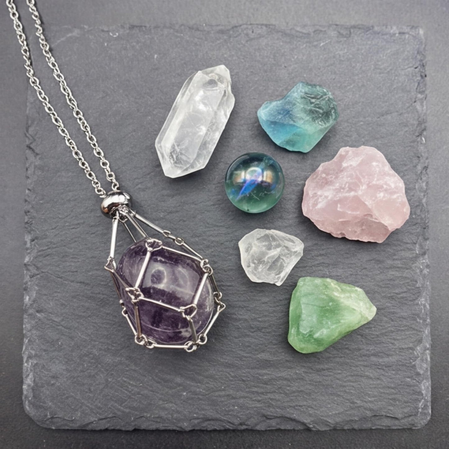 VLIEGEN Crystal Holder Necklace, Stainless Steel Cage for Stone Adjustable Natural Crystal Cage Holder Necklaces Quartz Natural Gemstone Jewelry for Women Men(1pcs-Silver small)