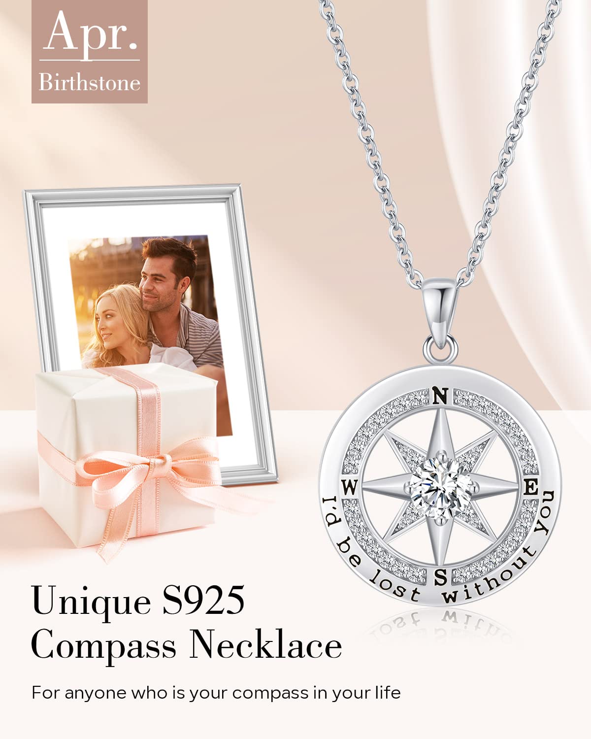 S925 Sterling Silver Necklace for Wife, Women Anniversary Year Gifts Compass Jewelry, Birthday Gift Ideas for Her Girlfriend Woman Necklaces, 18K White Gold April