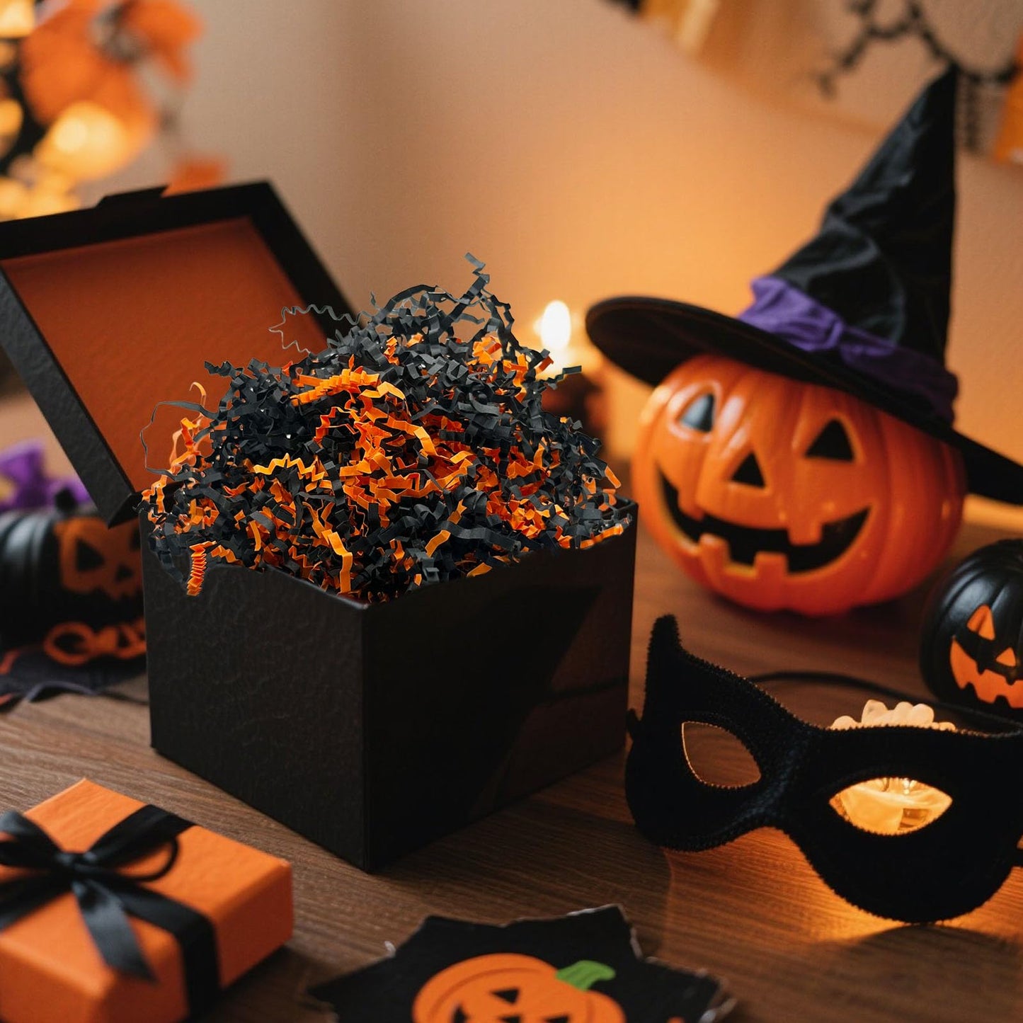 Tisspoms Halloween Crinkle Cut Paper Shred Filler, 1 LB Basket Filler Shredded Paper, Confetti Stuffing for Basket Filling, Birthdays, Weddings, DIY Gift Wrapping, Stuffer Party Supplies Black Orange