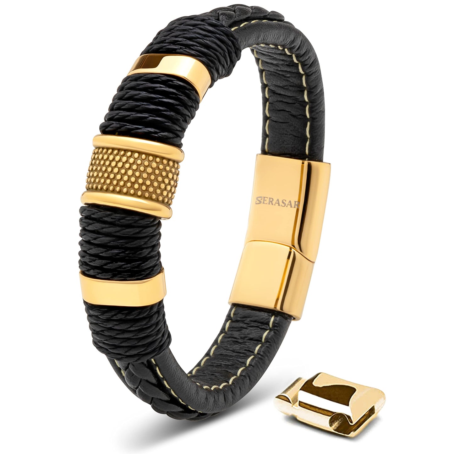 SERASAR Pulseras para hombre 23cm Oro, Caja de regalo, Piel vaca genuina trenzada, Cierre magnetico ajustable, Envoltura multicapa, Joyero, Cuerda hombre, Accesorios joyeria