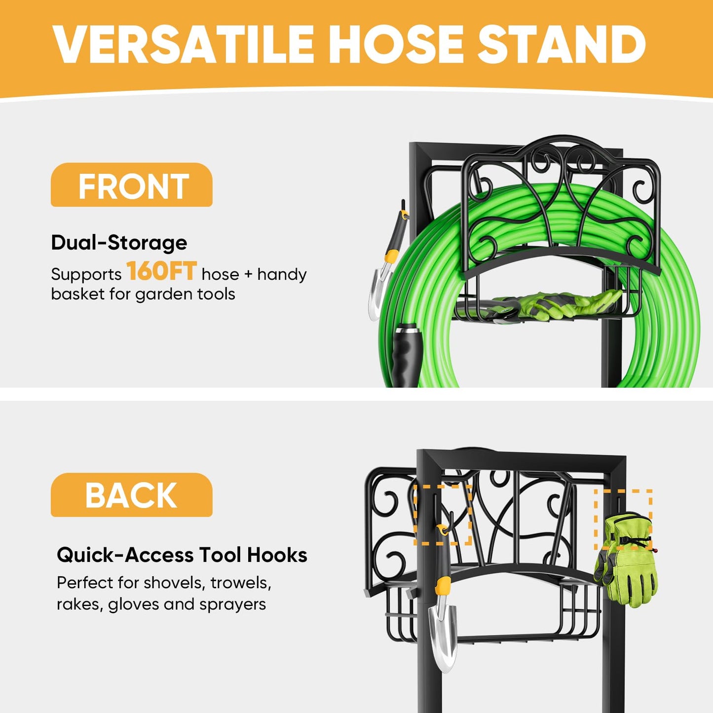 Xeapoms Heavy-Duty Garden Hose Holder with Storage Basket and Tool Hooks, Stable Hose Hanger Metal Garden Hose Storage Holds 160Ft, Rustproof Freestanding Water Hose Holder for Outside,Yard,Lawn,Farm