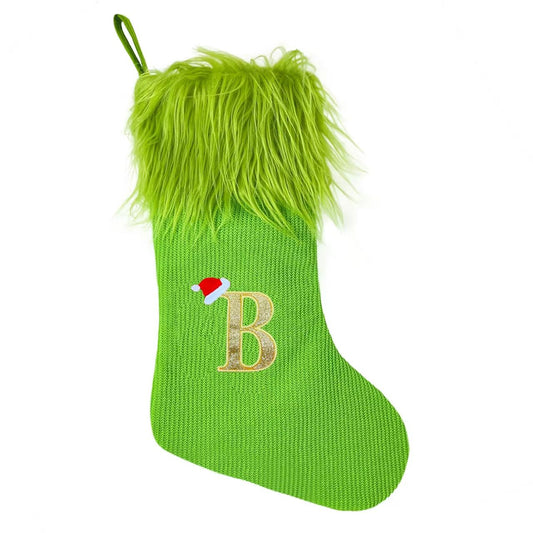 18 Inches Monogram Christmas Stockings, Green Knitted Xmas Stocking with Faux Fur Initial Embroidered Personalized Christmas Stockings Large Soft Stocking Decorations for Holiday Xmas Season Gift (B)