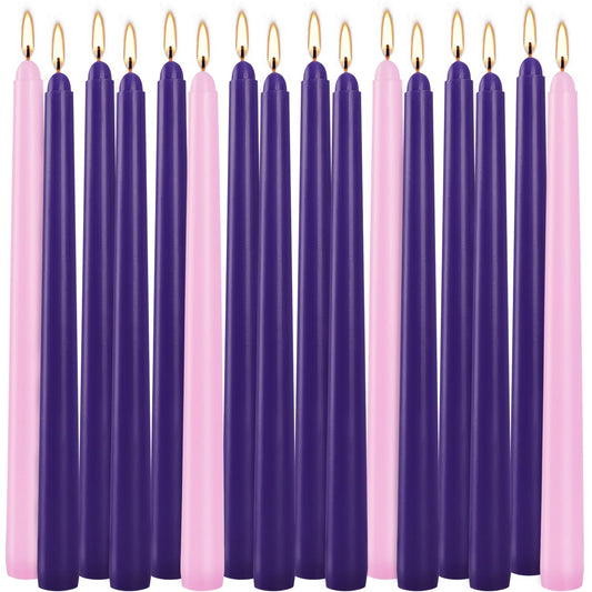 16pcs 10-inch Advent Taper Candles Unscented and Dripless for Christmas, Advent, Holidays, Church, Devotional, Celebration, Party (Purple, Pink)