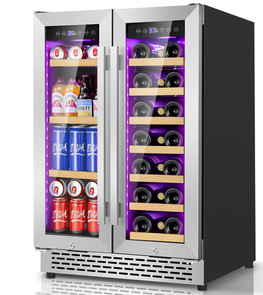 24 Inch Wine and Beverage Refrigerator, 90 Can & 21 Bottle Dual Zone Under Counter or Freestanding Wine Beverage Cooler, 3 LED Stainless-Steel Fridge with Glass Door Fast Cooling for Home/Kitchen