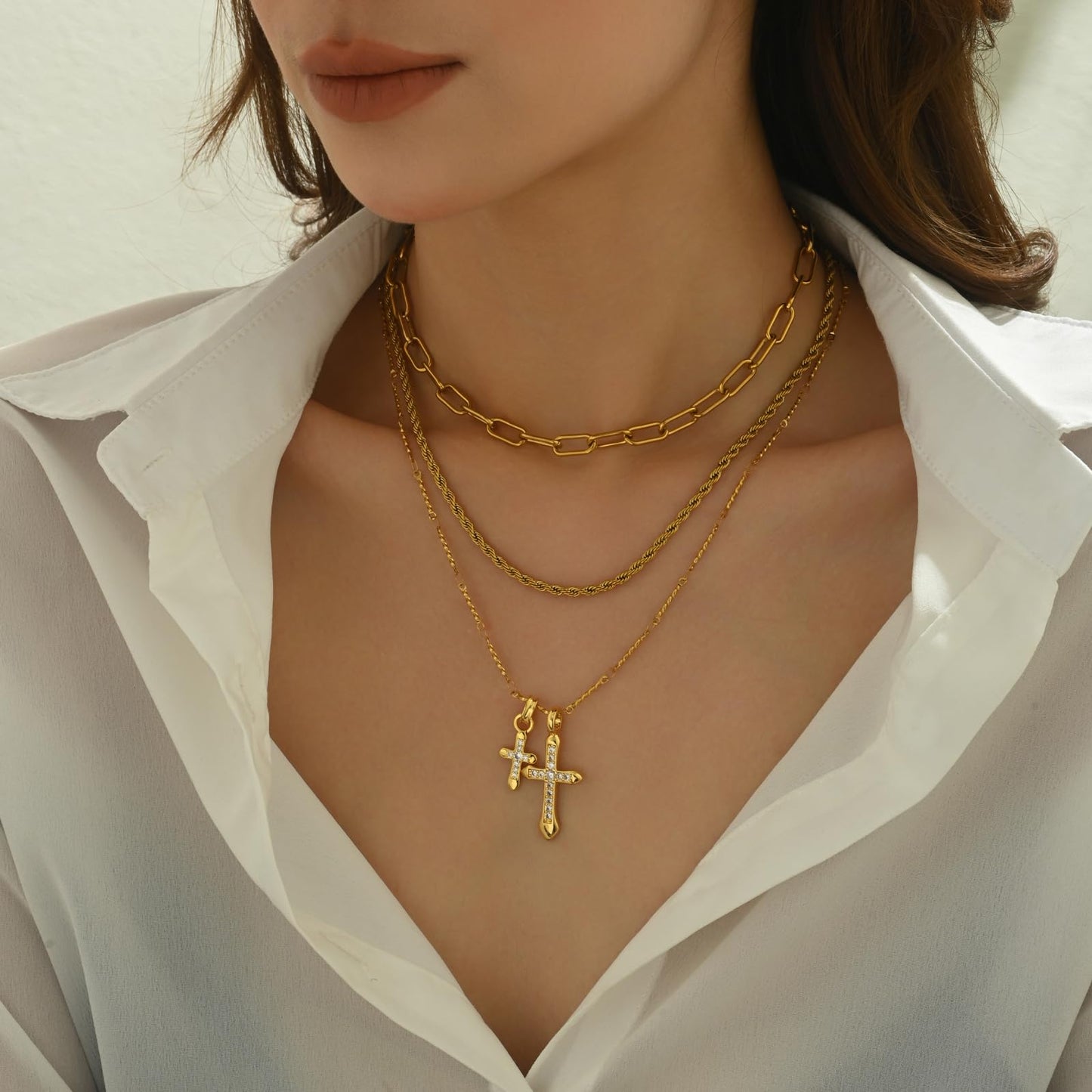 Trendy Stainless Steel Gold Plated Charm Necklace with Heart Pearl Pepper Conch Ceramic Pendant Necklace for Women Collares Chokers Jewelry (cross pendant)
