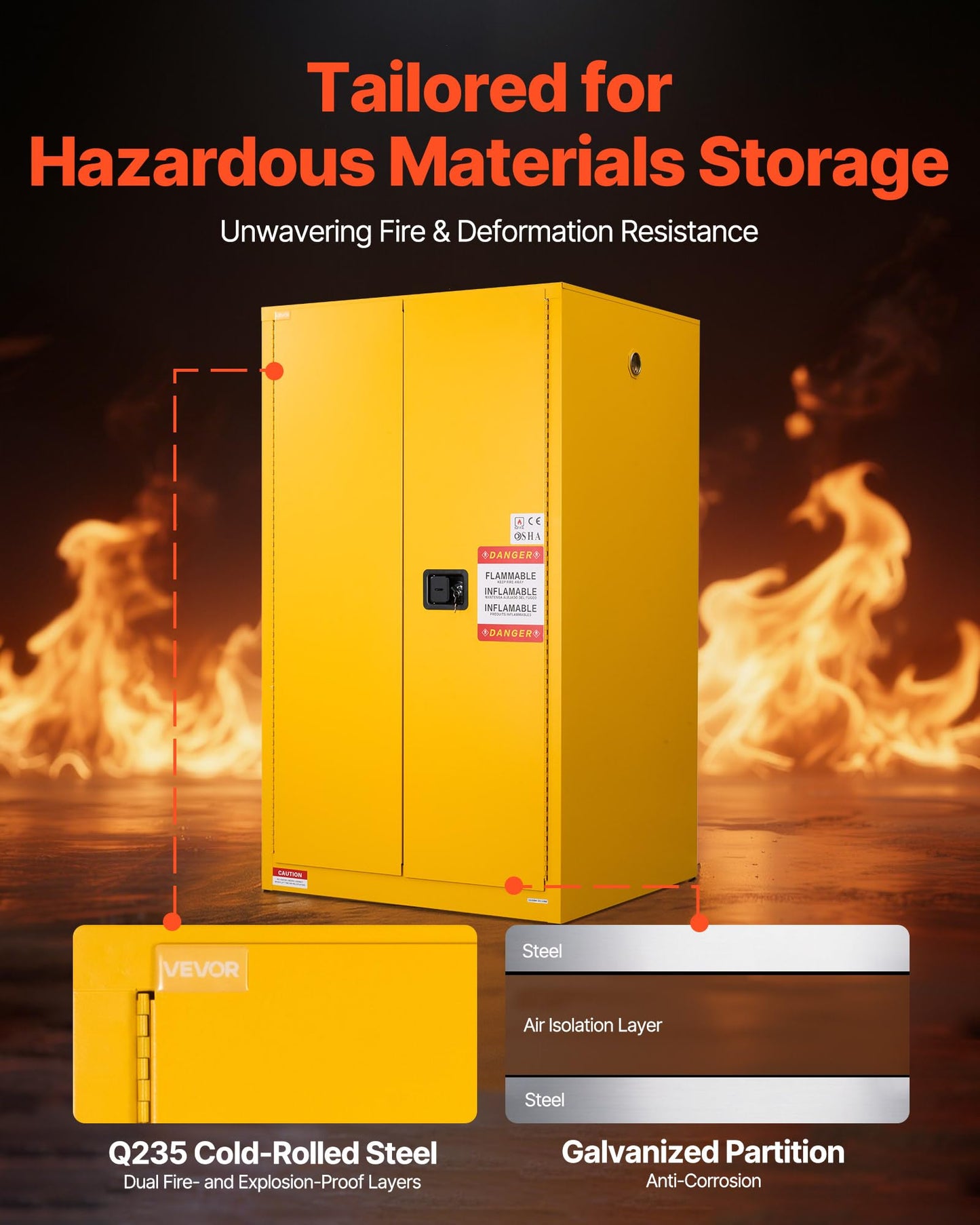 VEVOR Flammable Cabinet 34" x 38" x 65", 65 Gallon Flammable Storage Cabinet with Adjustable Shelf, Cold-Rolled and Galvanized Steel Fire Cabinets, for Commercial Industrial Home Use, Yellow