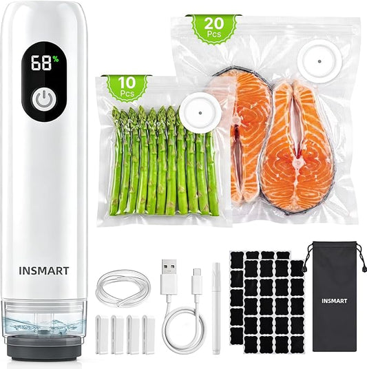 Compact Vacuum Sealer for Food (Vacuum Sealer Machine + 30 Reusable Vacuum Bags) Powerful Handheld Vacuum Sealer Machine, Seal Meal Saver, Portable Food Sealer