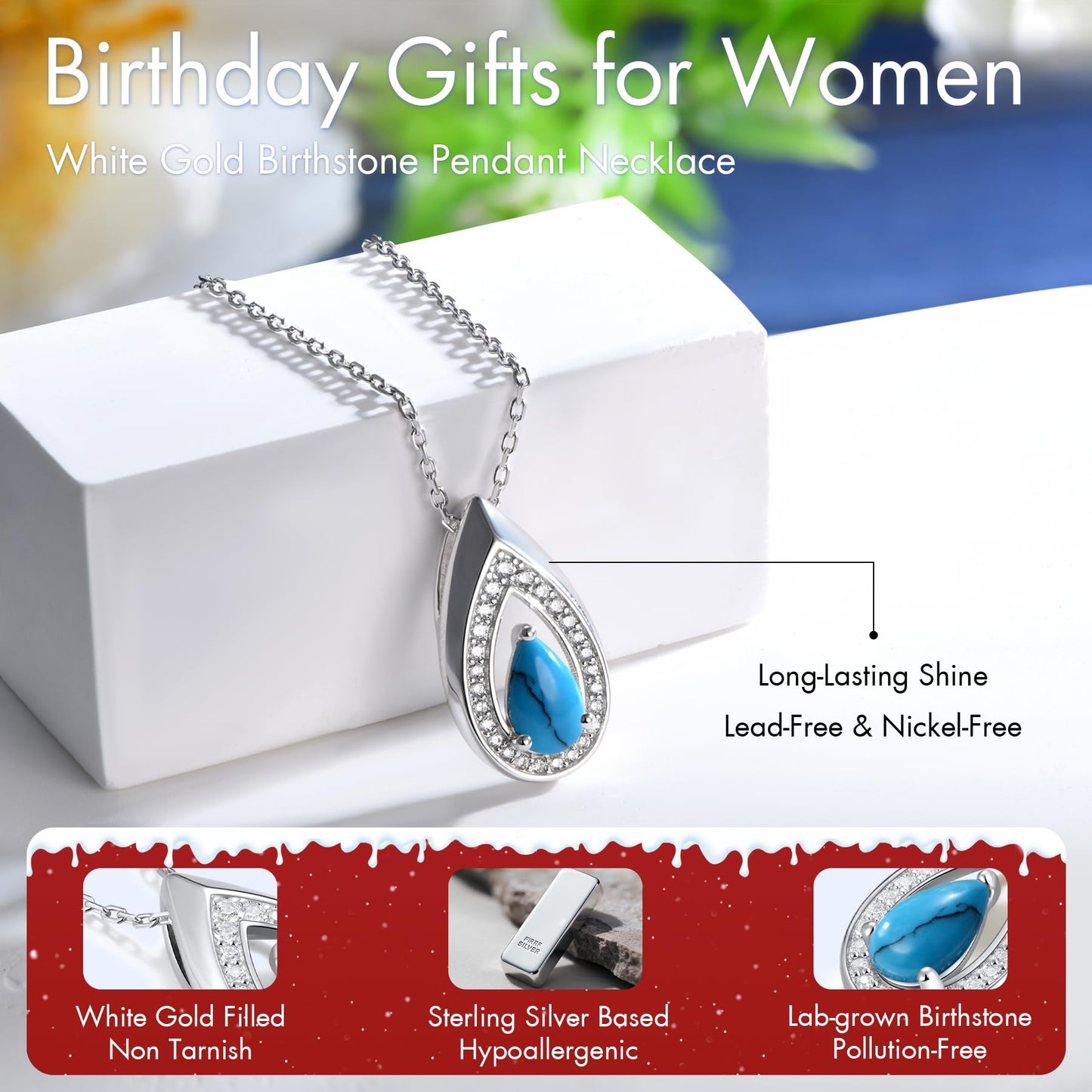 Kstyle 925 Sterling Silver Turquoise December Birthstone Pendant Necklace Teardrop Jewelry Valentine's Day Anniversary Birthday Gift for Mom Sister Daughter Girlfriend Her Non Tarnish