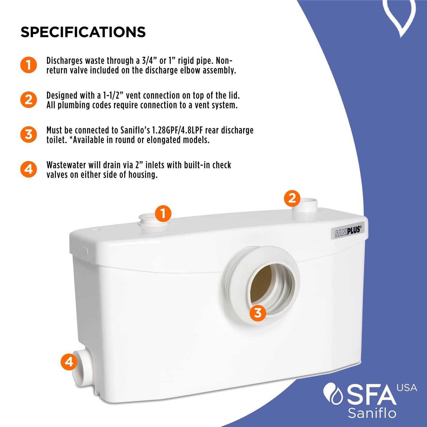 SFA SANIFLO - Saniplus - Macerating Pump - Full-Bathroom Applications - Dual Purpose - Hardened Stainless Steel - 4 Years Warranty - Certified CSA (IPC, NSPC), IAPMO (UPC) - Made In France