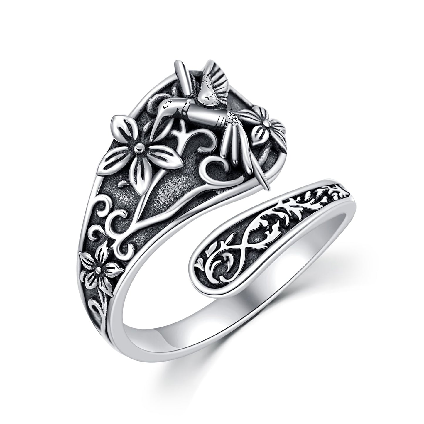 Midari Hummingbird Spoon Rings Sterling Silver Hummingbird Ring for Women Bird Ring Adjustable Hummingbird Thumb Rings Vintage Open Ring Hummingbird Jewelry for Women(Customization)