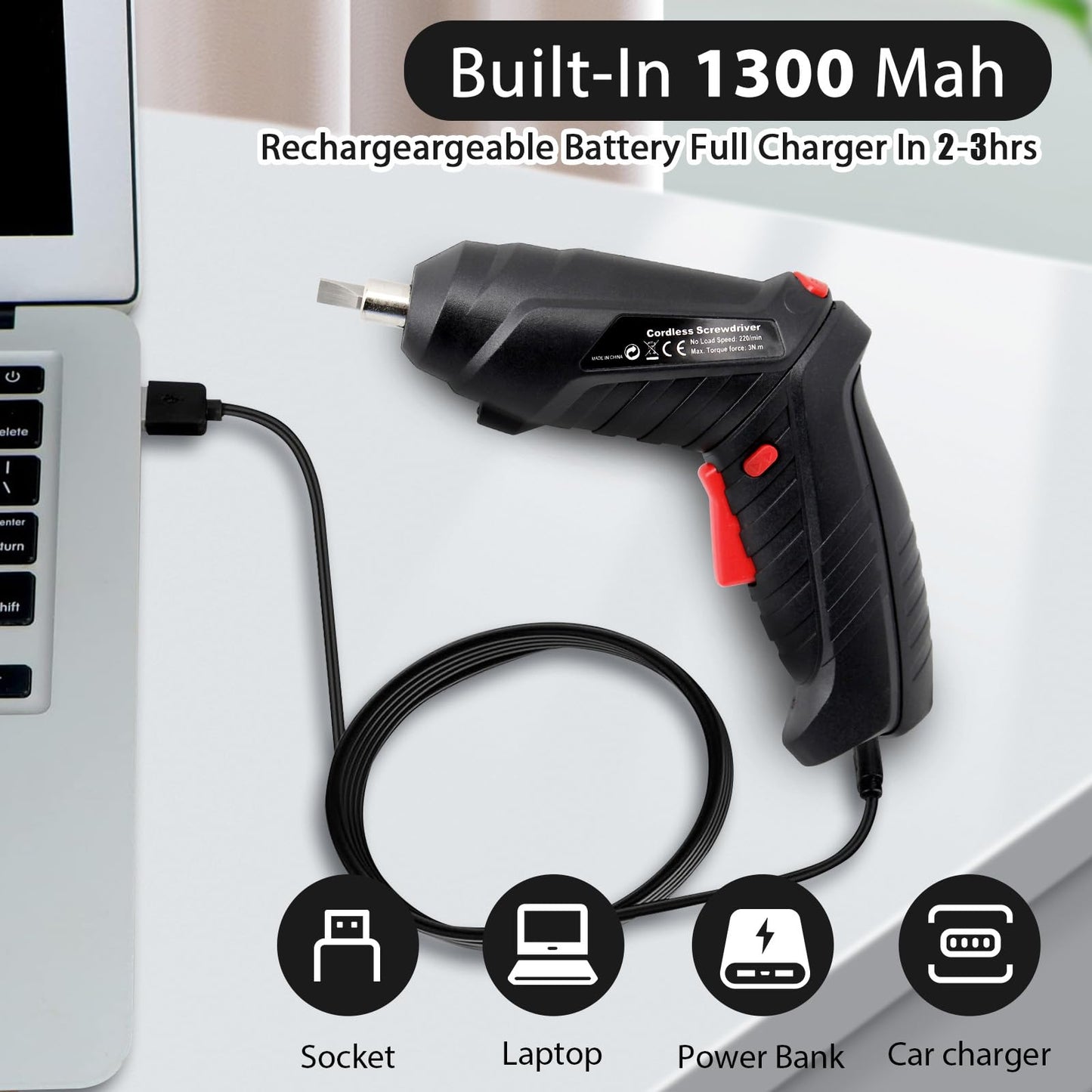 MYMULIKE Cordless Electric Screwdriver, 3.6V Rechargeable Power Screwdriver with 47pcs Accessories, usb Charging, 3Nm Screw Gun, Mini Screwdriver set with LED Light Electric Power Drill Set