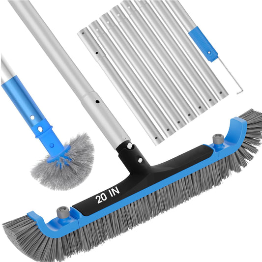2 in 1 Pool Brush with Poles 10ft - 20'' Heavy Duty Swimming Pool Brush & Multifunctional Brush Head, 9ft Aluminum Poles, Cleaning Inground & Above Ground Pools