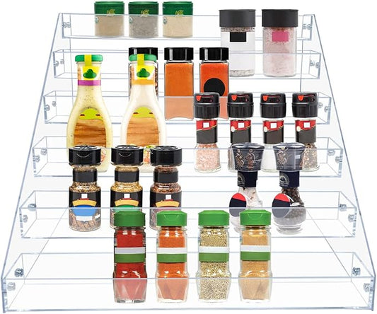 PMMASTO Tiered Spice Rack, Seasoning Organizer, Clear Acrylic Vertical Shelves Can Organizer for Countertop, Cabinet, Pantry, Kitchen Organization and Storage - 6 Tier | Vertical Shelves, Can Organizer, for Countertop, Cabinet, Pantry