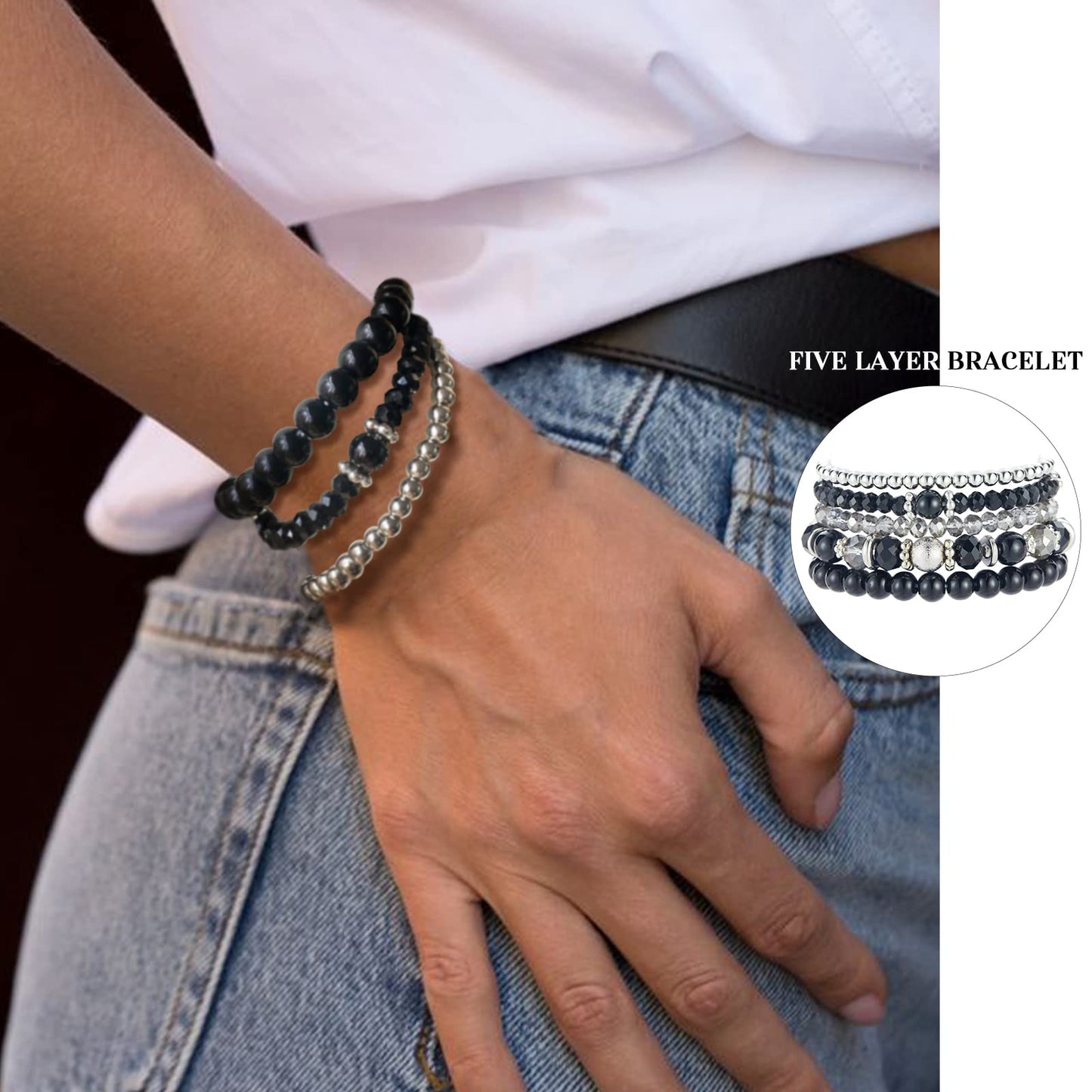Noessla Beaded Pearl Stretch Bracelet Silver Stackable Crystal Beads Bracelets Trendy Costume Jewelry Mothers Day Gifts for Women(Black)