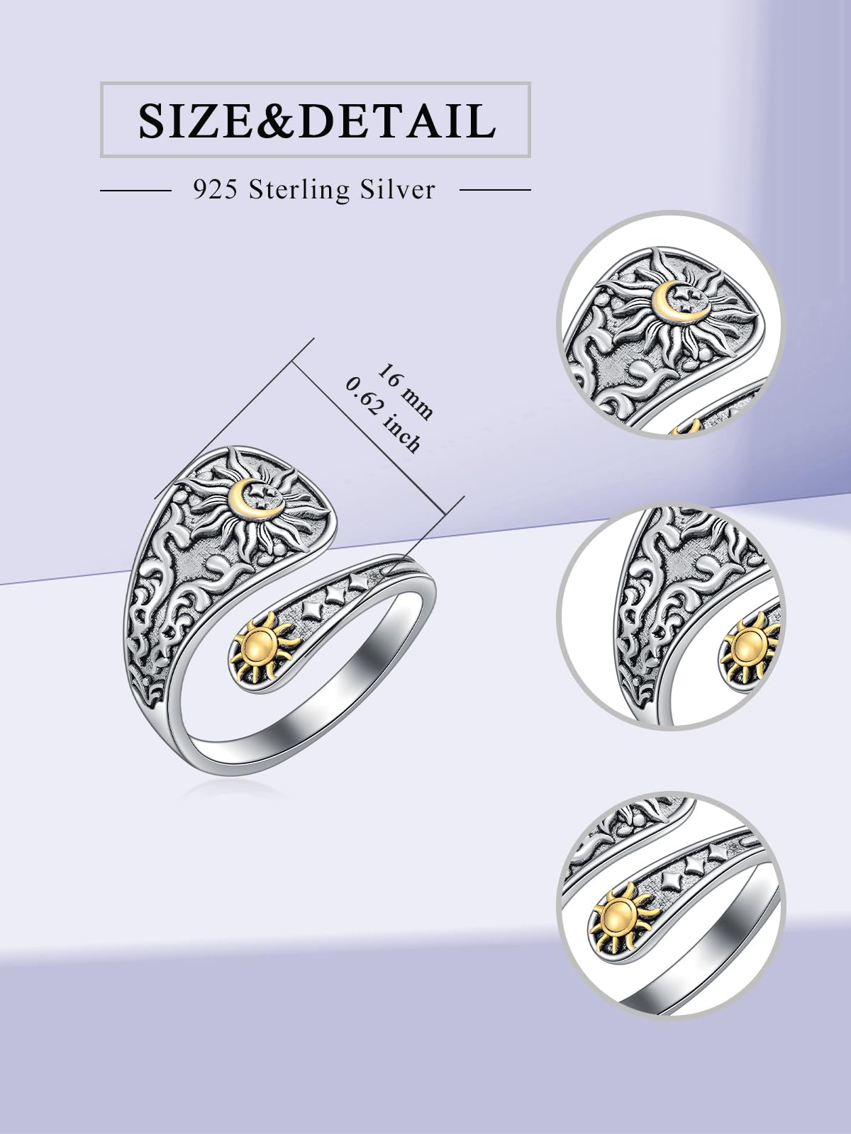 Midari Sun and Moon Stars Spoon Rings Sterling Silver Sun and Moon Ring for Women Adjustable Thumb Rings Vintage Finger Open Spoon Rings for Women Daughters(Customization)