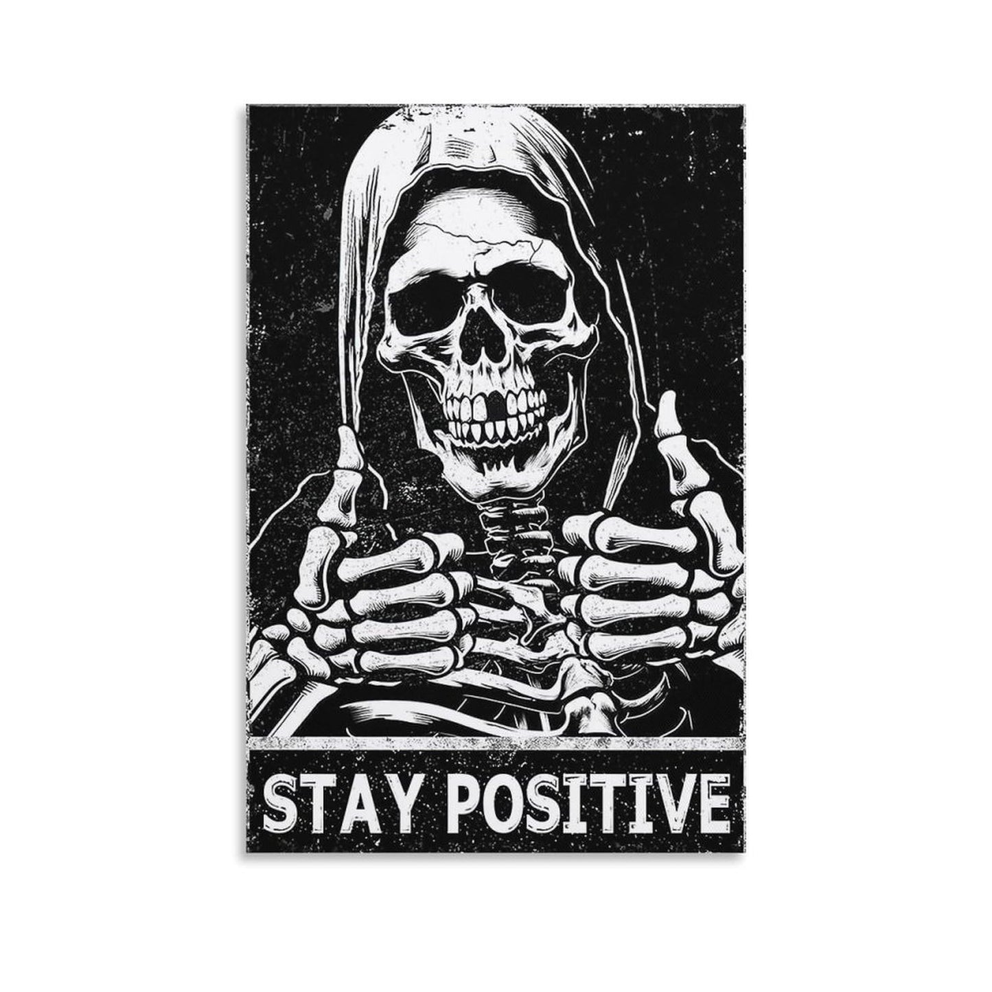 MAIHAIBAO Funny Stay Positive Skull Canvas Wall Art - Dark Humor Grim Reaper Poster - Motivational Gothic Decor for Bedroom & Office - 12x18 Inch (Unframed)