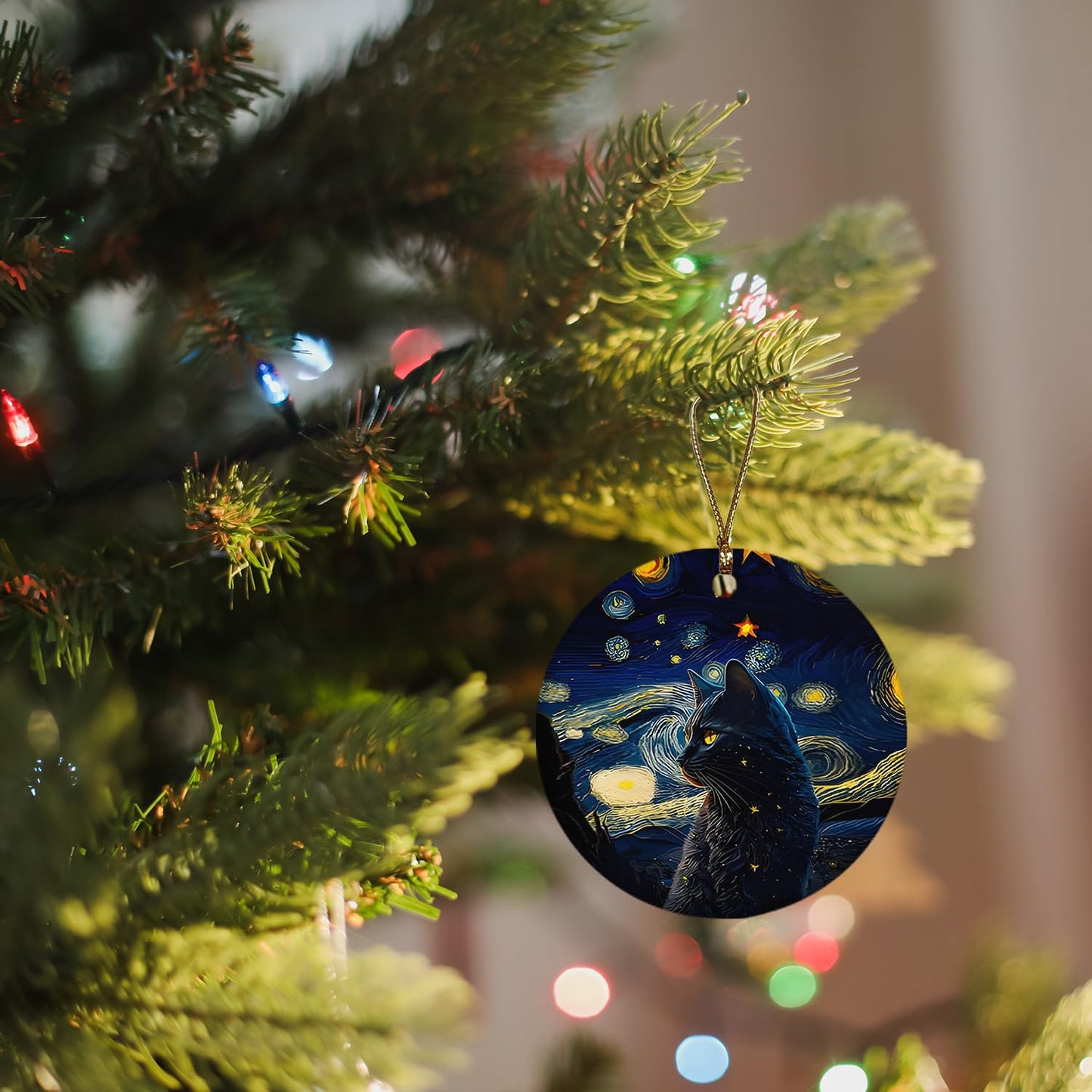 ignytiger Black Cat Christmas Ornaments,Christmas Cat Gifts for Cats Mom Women,Starry Night Ceramic Hanging Ornaments