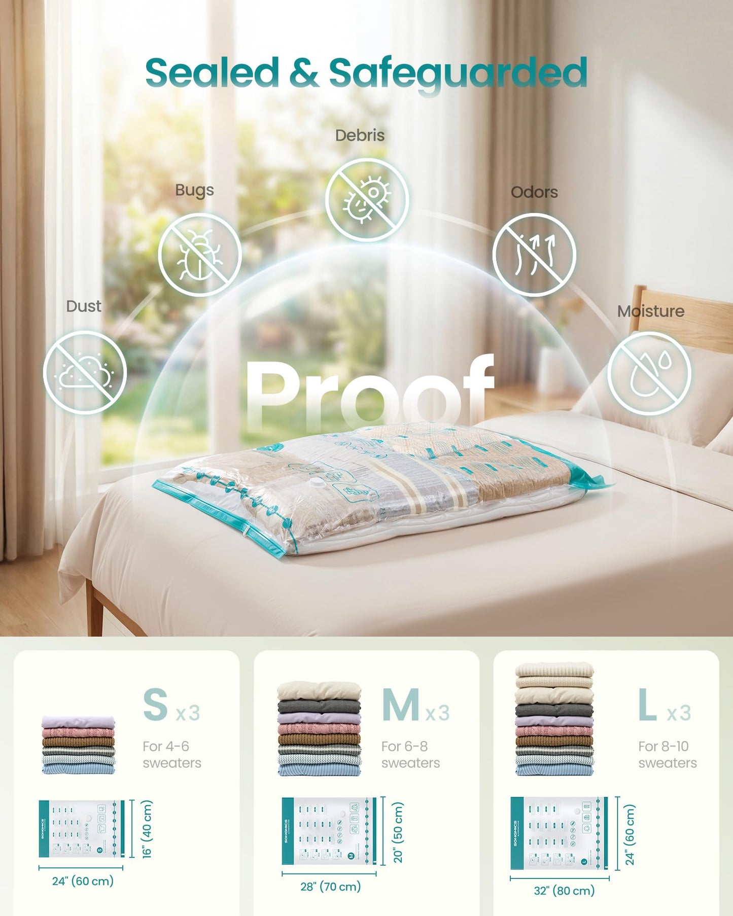 SONGMICS Vacuum Storage Bags, Rechargeable Portable Electric Pump, Space Saver Vacuum Seal Suction Bags for Clothing Travel Bedding, Reusable, 9 Pack, 3S/3M/3L, Transparent ULVB201W101
