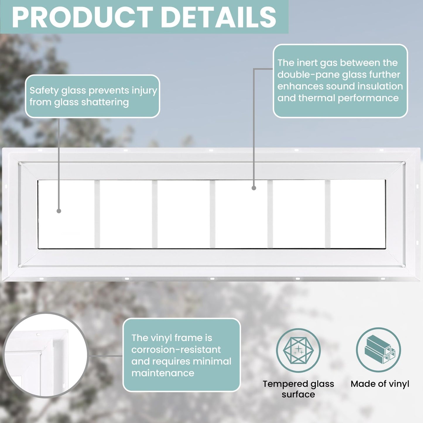 Vinyl Transom Household Window, 12" x 60" Double Pane Fixed Window with Grids and Tempered Glass for House, Garage (White)