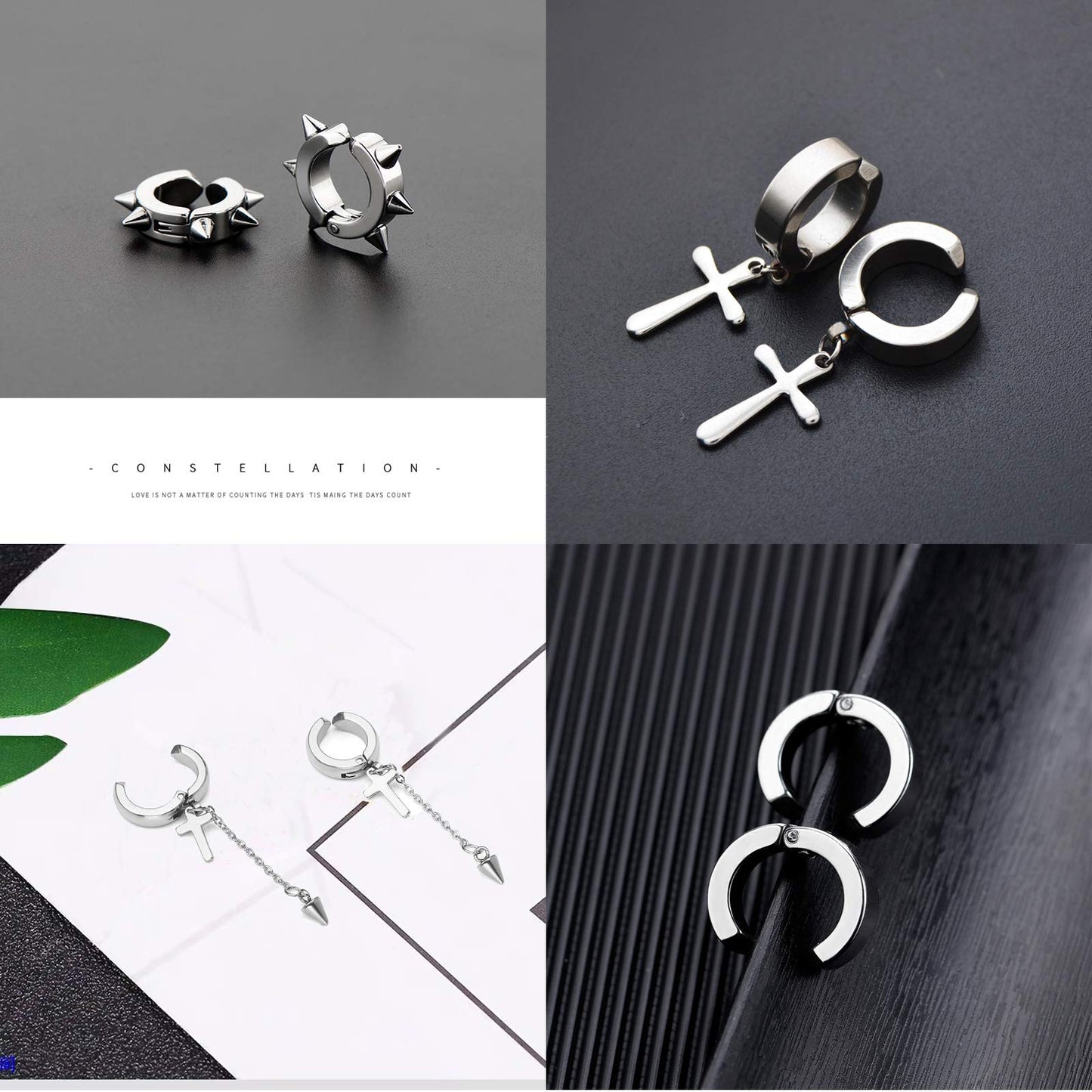 5 Pairs Black Stainless Steel Non-Piercing Spike Rivet Cross Dangle Tassel Clip on Hoop Earrings Set for Women Men, Non Pierced Fake Ear Clip Stud Earrings (Silver)