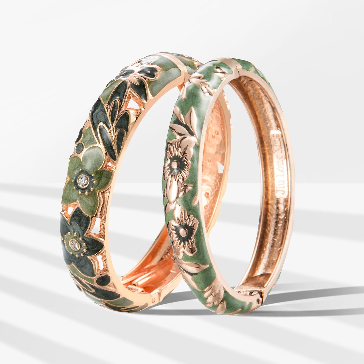 UJOY Cloisonne Bangle Colorful Enamel Golden Filigree Flower Hollowed Crystal Bracelet for Women Gifts 88A11-55A103 Green