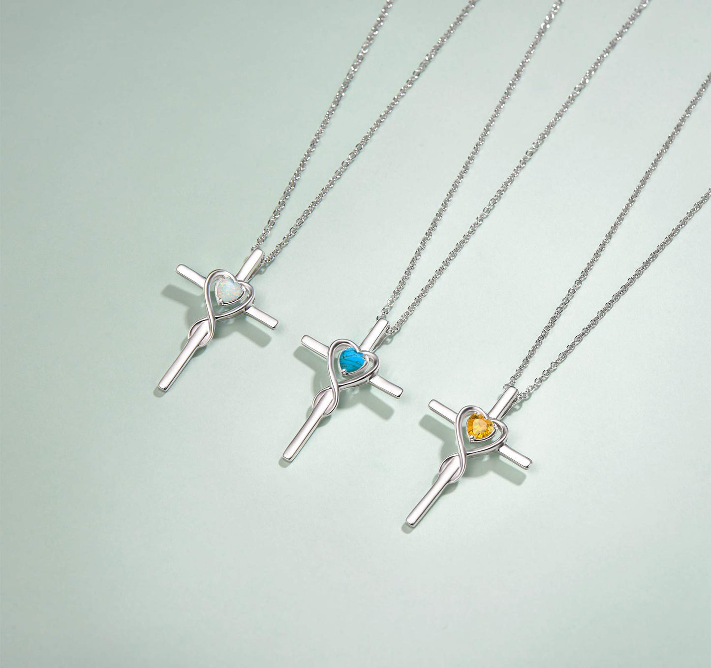 FANCIME Opal Cross Necklace For Women Sterling Silver Birthstone Created Opal Necklace Infinity Heart Cross Pendant October Birthstone Jewelry Gifts for Women