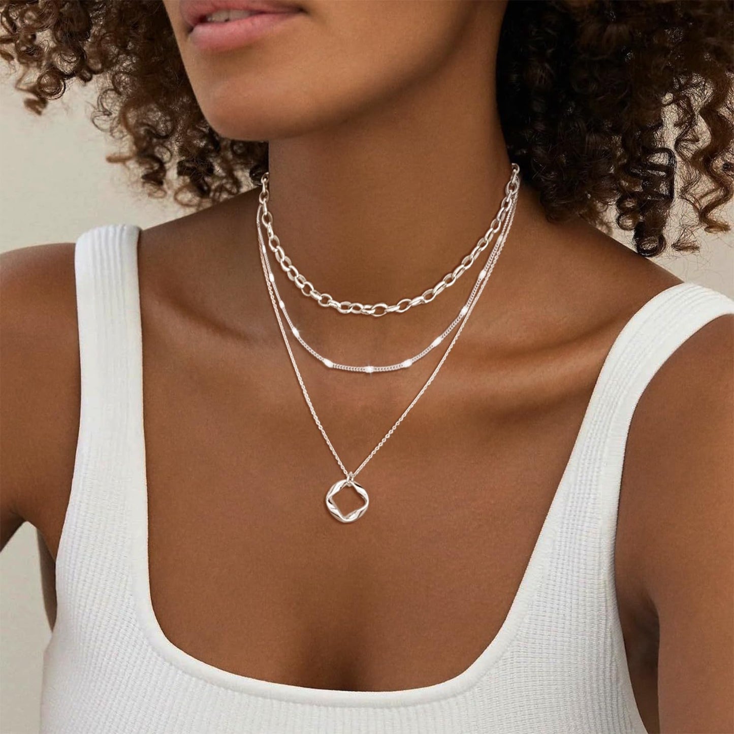 OGD Silver Layered Necklaces for Women 925 Silver Plated Dainty Stackable Choker Necklaces Trendy Layering Circle Paperclip Chain Cute Pendant Collars Necklace Set Gold Jewelry for Women