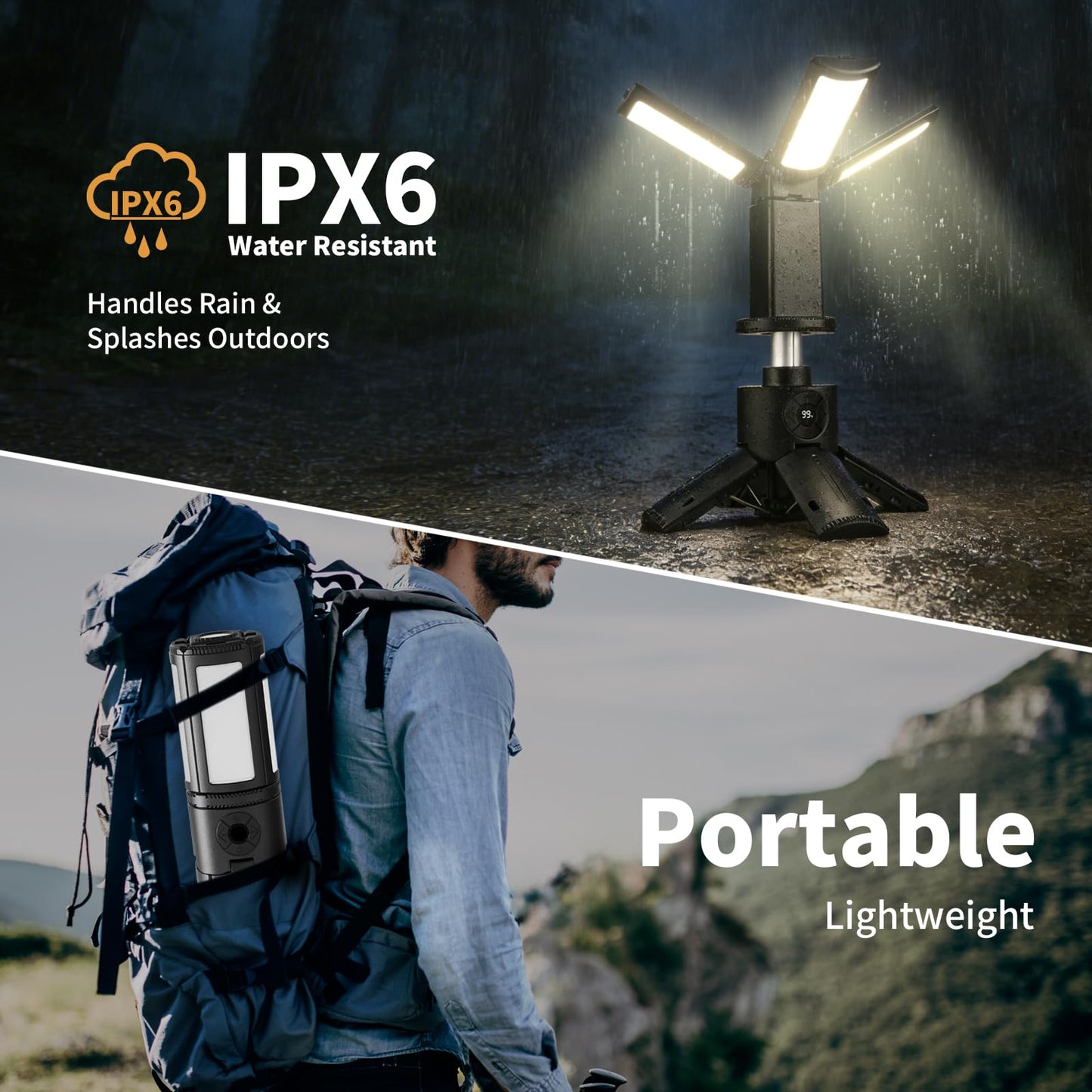 Telescopic Camping Lights with Stand, 14000mAh Rechargeable Camping Lantern,Portable Camping Light, IPX6 Waterproof, Dimmable Outdoor Tent Light for Emergency, Hiking, Fishing, Backyard