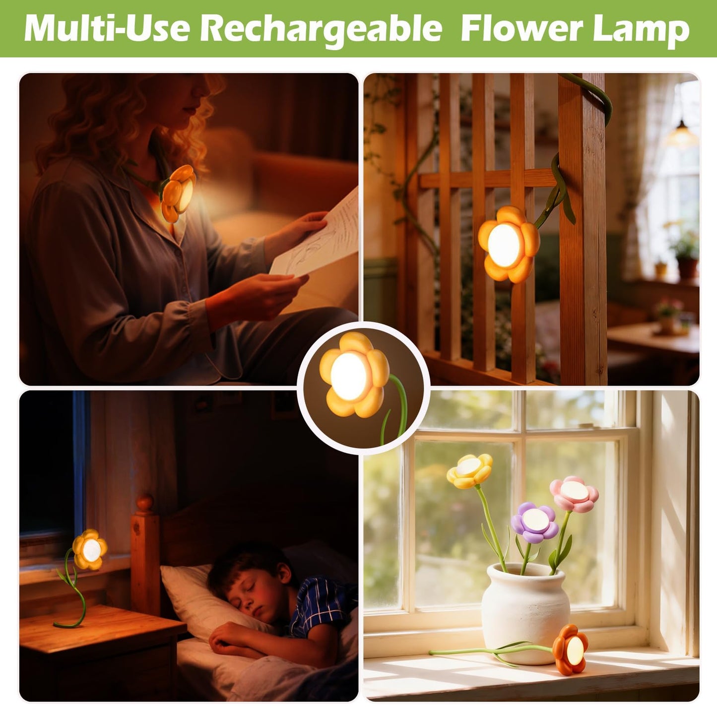 Pulazon Sunflower Desk Lamp,Rechargeable Neck Reading Light with Adjustable Flexible Gooseneck 3 Color Modes Adjustable Brightness,Cute Desk Lamp for Kids,Great Gift for Kids,Friends(Yellow)