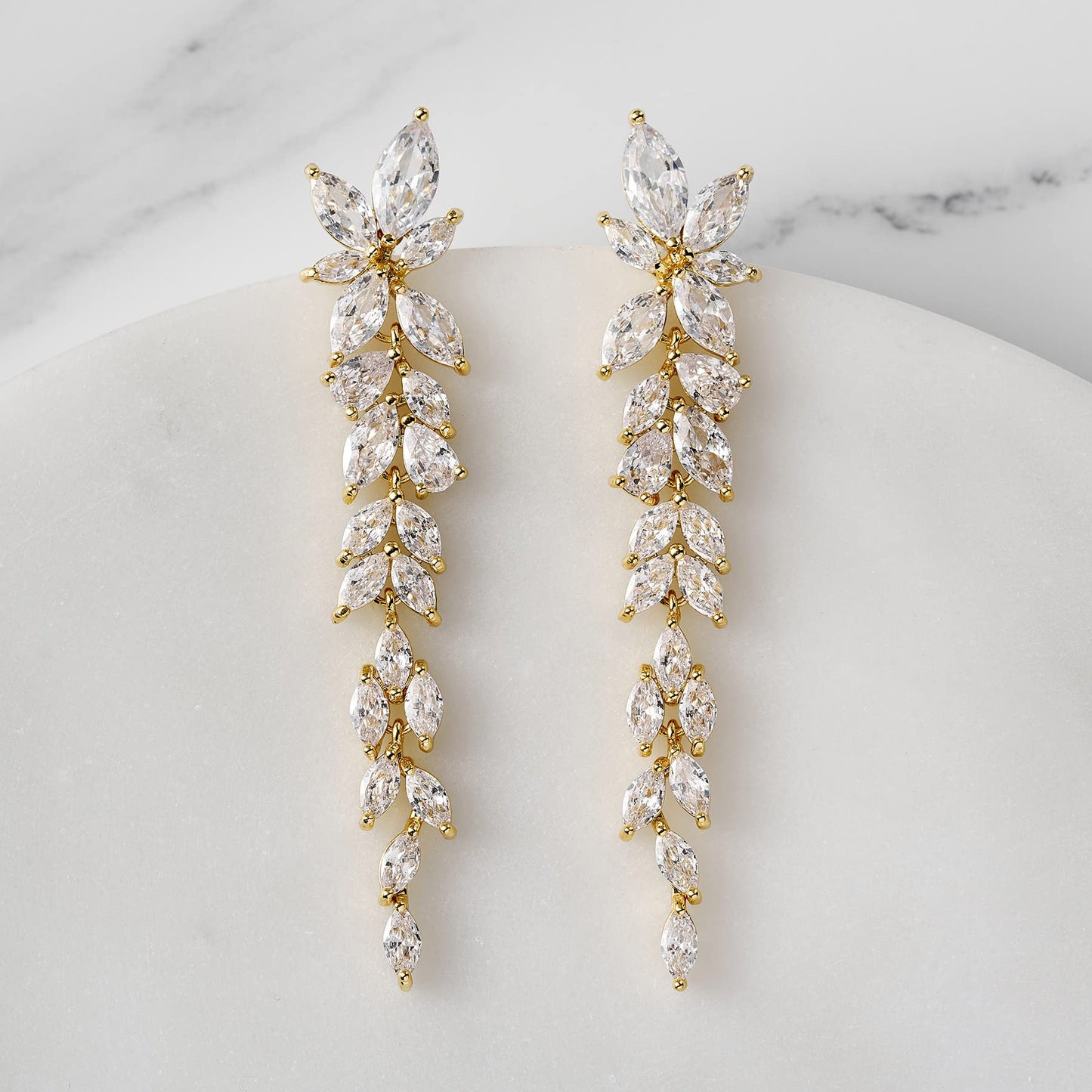 SWEETV Marquise Cubic Zirconia Wedding Earrings for Women Brides, Crystal Chandelier Bridal Drop Earrings for Prom Pageant (Gold)
