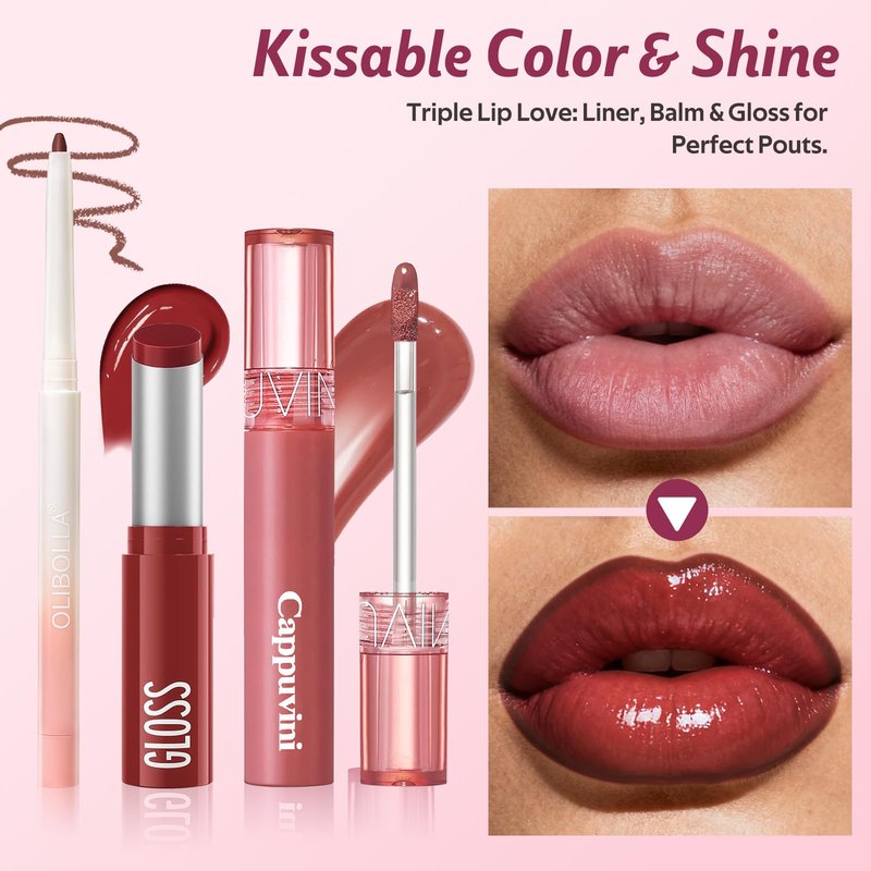 KIMUSE 3 Pack Lip Combo Set, 3-Step Plumping Korean Lip Kit, Waterproof Long-Lasting Satin Finish Lip Makeup Kit, Non-Sticky Lightweight Formula for Plump Hydrated Lips, Gift Ready (Berry Mousse Set)
