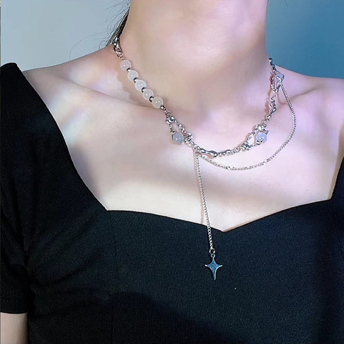 Buyongwant Y2k Irregular Necklace Star Zircon Moonlight Stone Advanced Design Sense Collar Chain Women's Fashion Silver Jewelry for Women