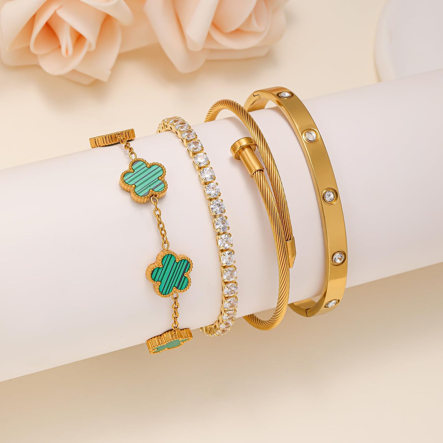 Gold Bracelets for Women, 18K Gold Plated Women Tennis Bracelets Clover Nail Love Bangle Bracelet Set, Gold Bracelet Stackable Set Trendy Jewelry, Gifts for Women's Day and Mother's Day (07-Color-green)