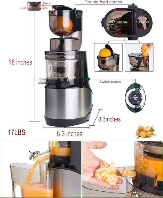 Masticating Juicer,Whole Slow Juicer Extractor by Vitalisci,Cold Press Juicer Machine,Anti-Oxidation for Fruit and Vegetable,Easy to Clean and BPA Free,(300W AC Motor/3.15" Wide Chute/40 RPMs)-Silver