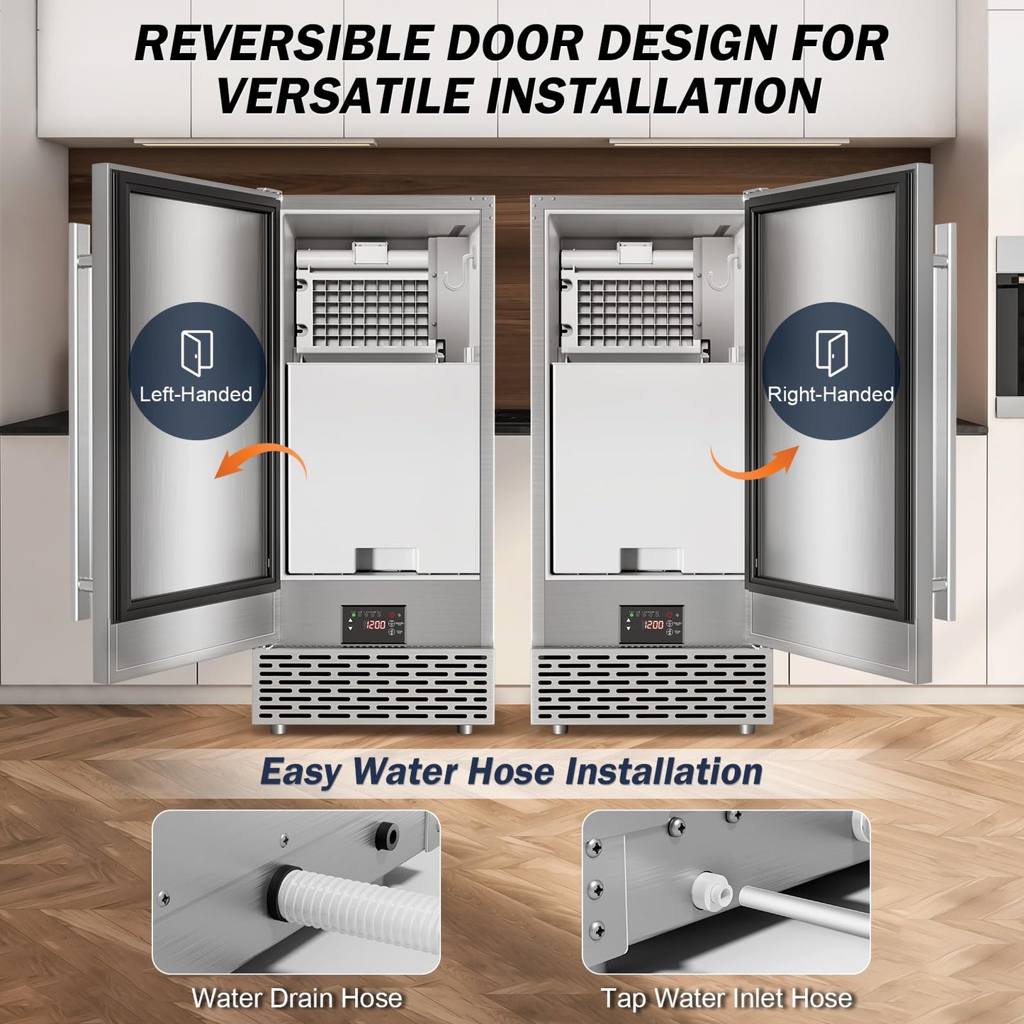 SOZT® Under Counter Ice Maker, 120LBS/24H Ice Machine, Self-Cleaning & 24H Timer, Commercial Ice Maker with 30LBS Storage - Reversible Door, Built-in/Freestanding Design for Home Bar Cafe Restaurant