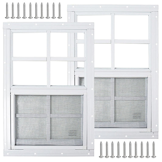 2 Pack White Shed Windows 24" x 36" Flush Mount Window with Tempered Glass and Fiberglass Screen for Chicken Coop Sheds Barns Playhouse