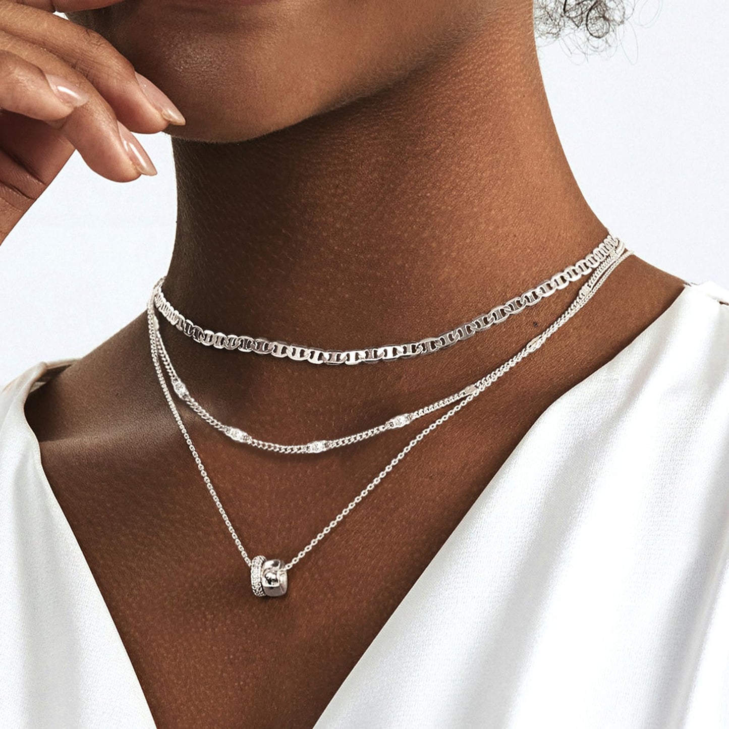 OGD Layered Necklaces for Women Silver Plated Trendy Mariner Chain Dainty Circle Rondelle Pendant Choker Necklace for Women Two-Toned Cubic Zirconia Silver Necklace Stack Hypoallergenic