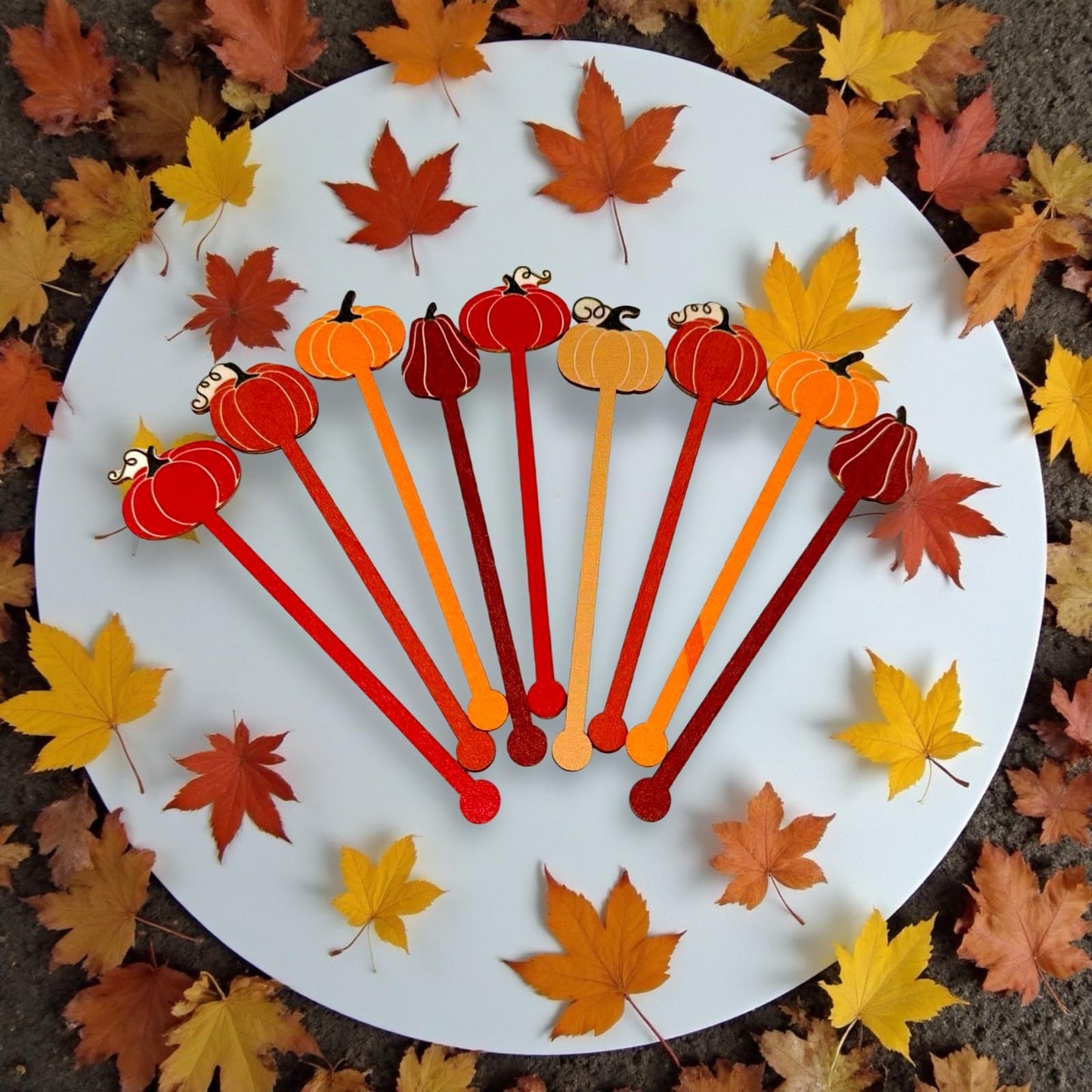 50 Pcs Pumpkin Drink Stirrers Bulk, 5.91 Inch Wooden Halloween Cocktail Picks with 5 Unique Autumn Orange Designs, Fall Party Supplies for Coffee, Beverages, Halloween Decor