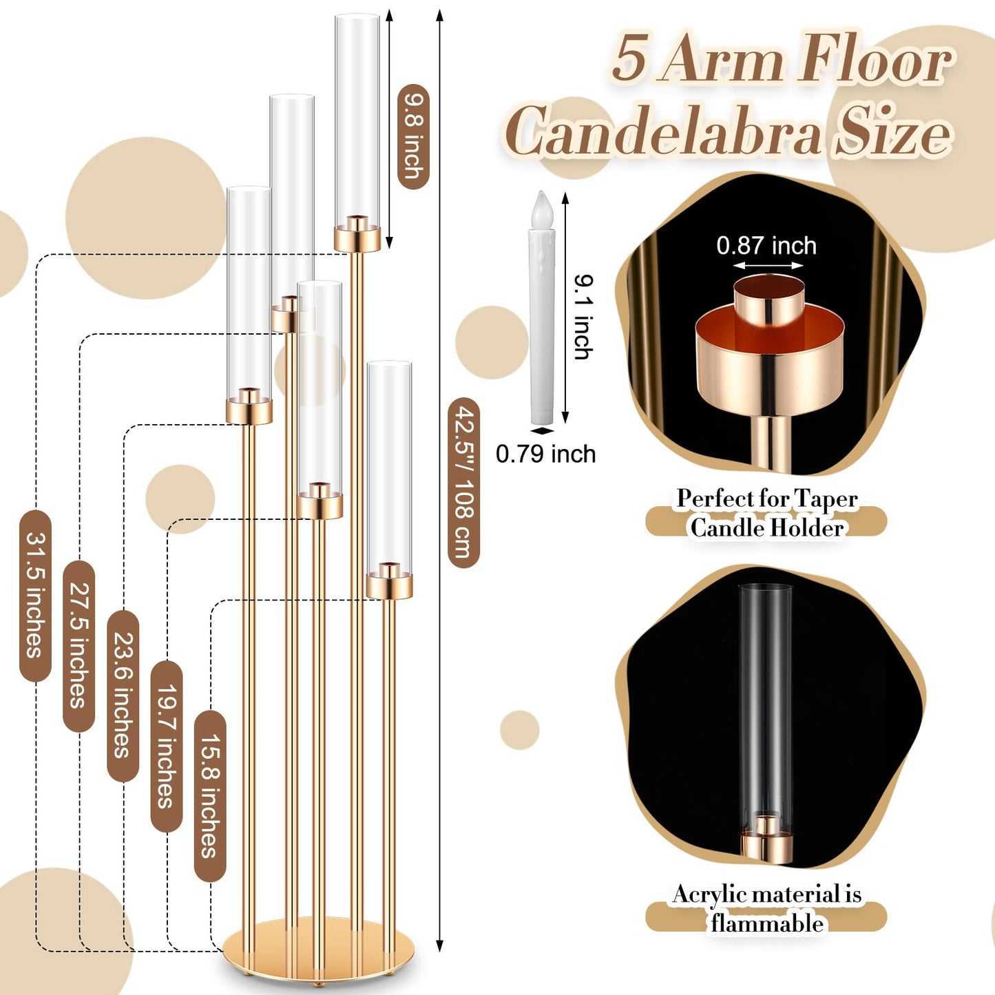 Tandefio 2 Sets Acrylic Candelabra Centerpieces 42.5" Tall Clear Candle Holders Pillar Taper Candlestick with Lampshades 5 Arm Floor Candelabra Stand for Wedding Christmas Ceremony Dinner Party"
