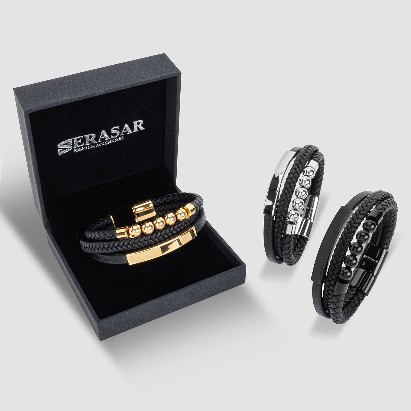 SERASAR Mens Leather Bracelet 17cm Silver Presents Men Gift Box Cowhide Braided Magnetic Clasp Multi Layer Wrap Rope Mans Male Bracelets Band Jewelry Magnet Accessories