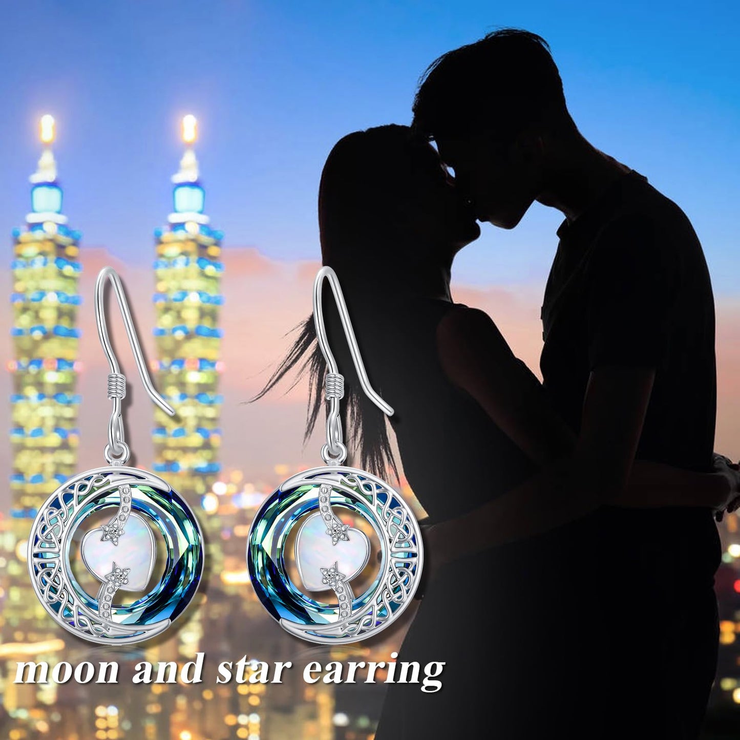 TOUPOP Opal Earrings October Birthstone Earrings Sterling Silver Moon and Star Drop Dangle Earring Jewelry Blue Crystal Birthday Mothers Day Gifts for Women Mom Her