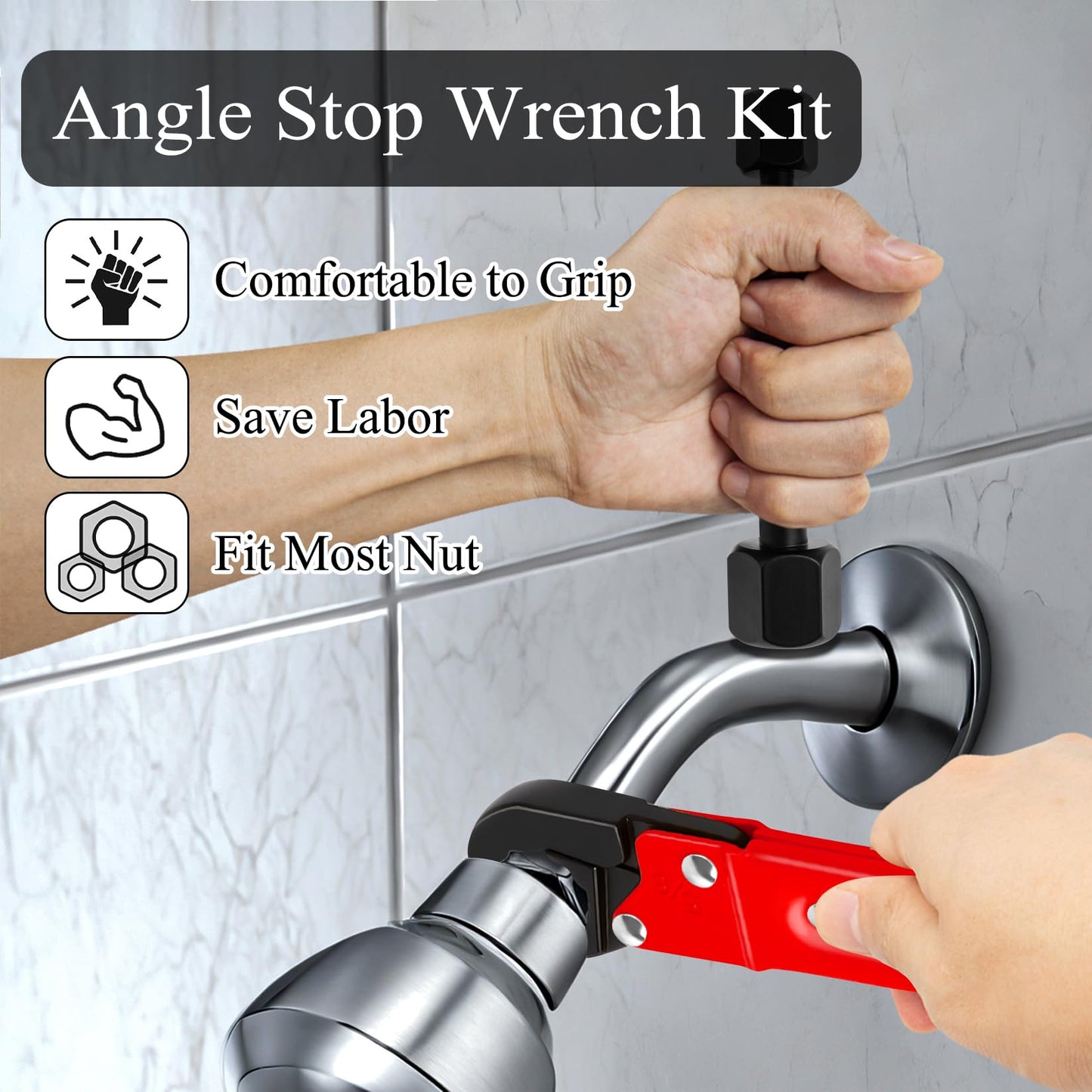 Ponpon Angle Stop Wrench Kit, Plumbing Tools, Angle-on Plumber Wrench for Quick And Hassle-Free Angle Stop And Supply Nut Installations(Red-A)