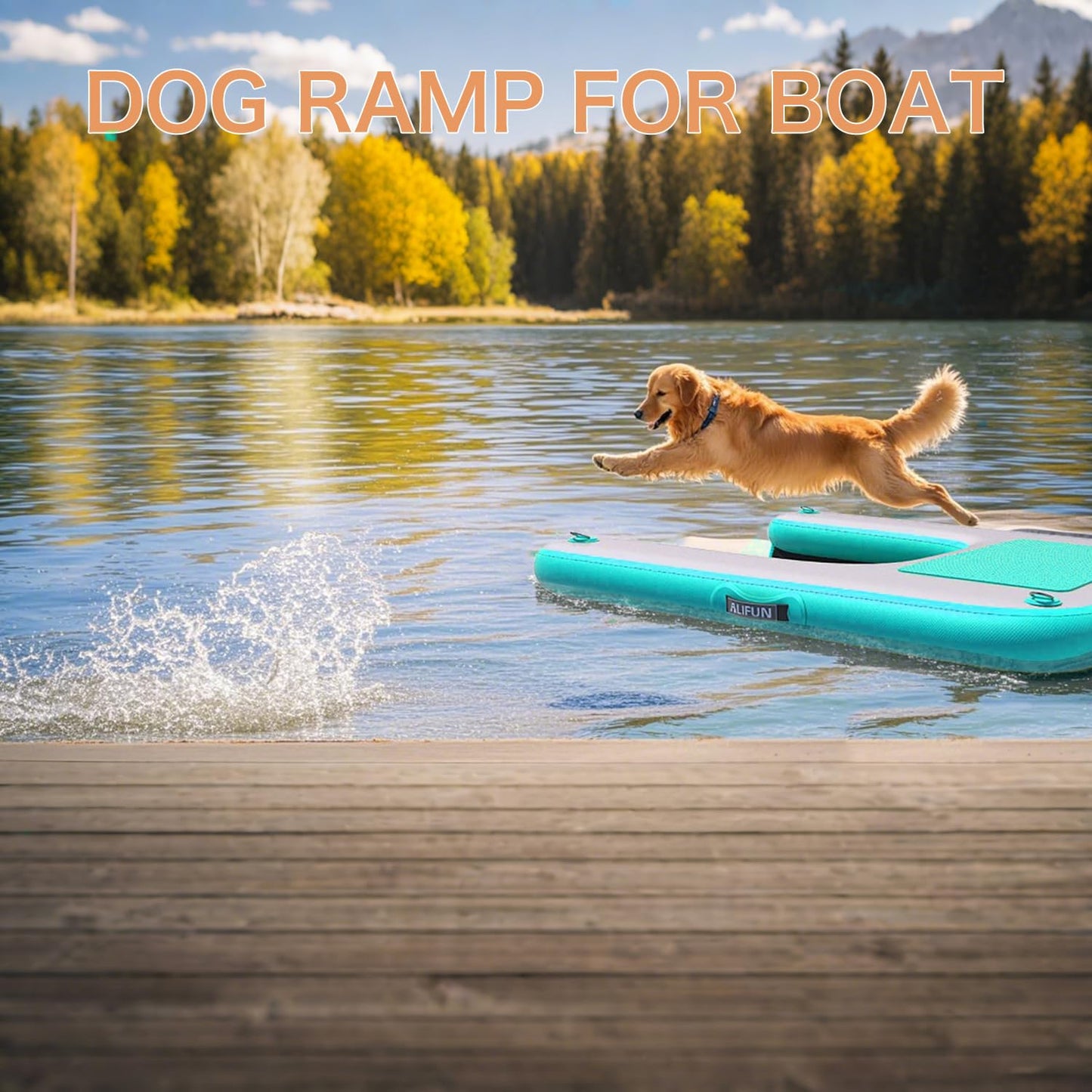 ALIFUN Inflatable Dog Ramp For Boat, Large Dog Water Ramp with Manual Pump, Non-Slip EVA Durable Floating Dock Ladder Up to 90 LBs, Pup Plank for Swimming Pool, Boat, Lake & Ocean (47"L x 39"W x 4"H)
